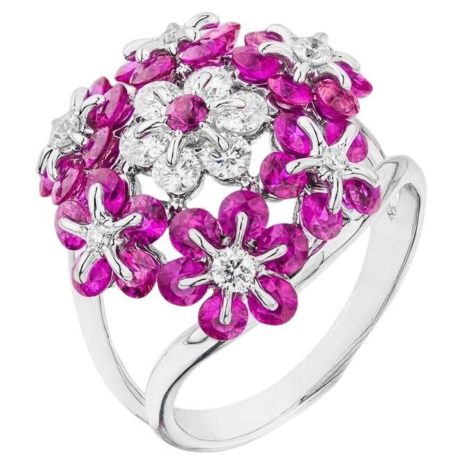Pt950 Ruby Diamond Floral Ring by MOISEIKIN For Sale