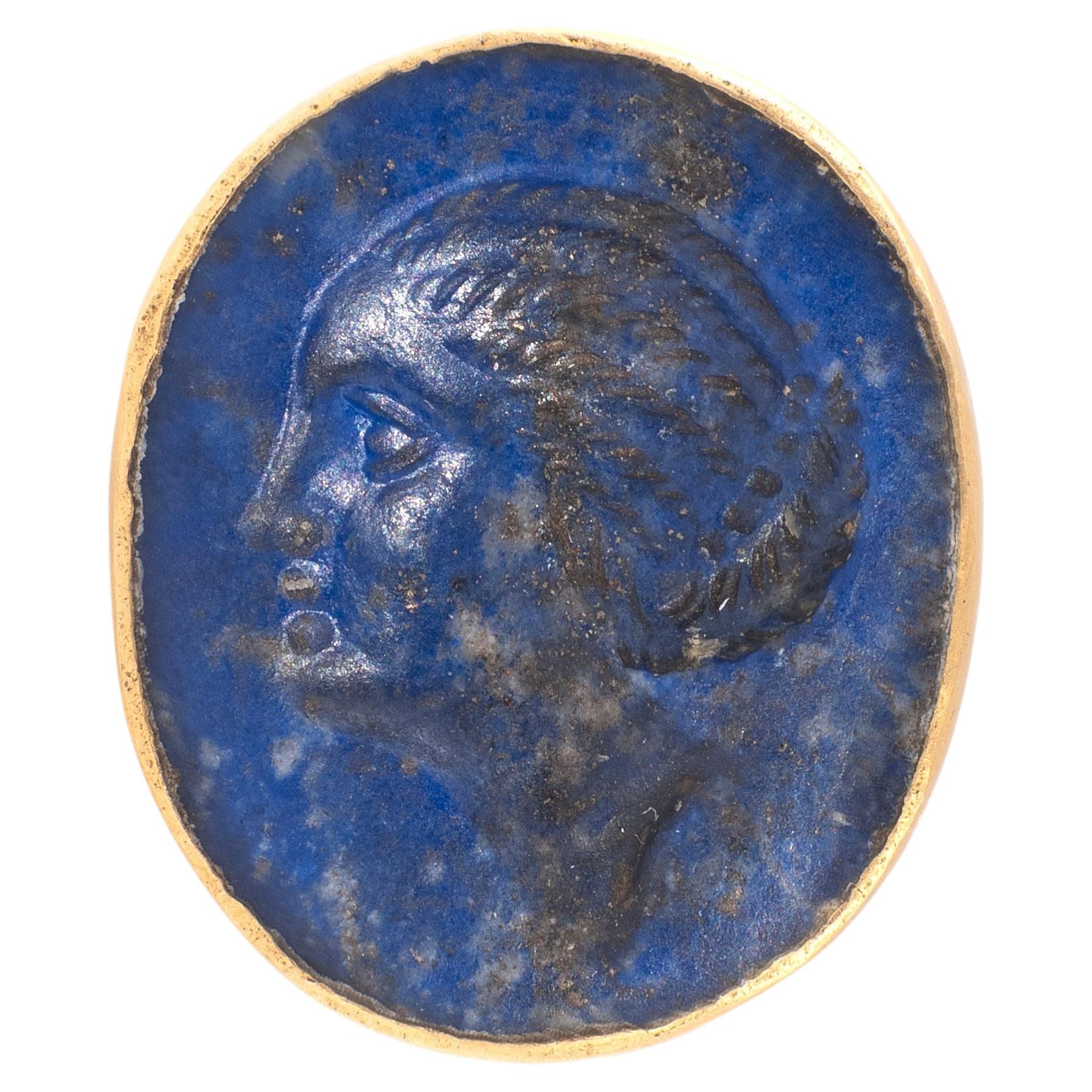 Ptolemaic Lapis Lazuli Intaglio Gold Ring 3rd-2nd Century BC For Sale