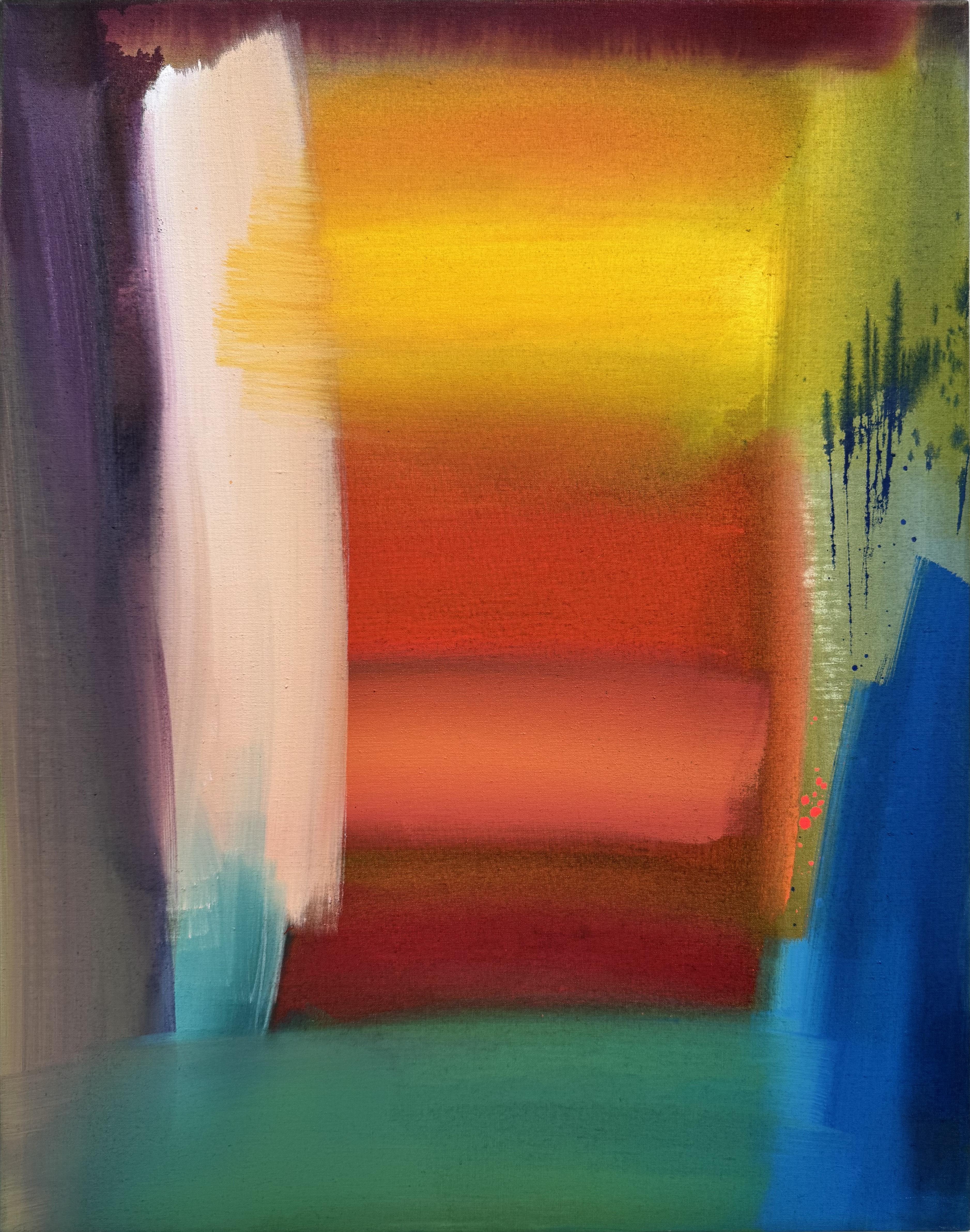 Threshold Spectrum, 2023 by Ptolemy Mann. 60 x 75 x 4 cm. Acrylic, acrylic gouache, and liquid watercolor pigment on raw linen. A radiant abstract painting revealing a dialogue between gesture and stillness.

Threshold Spectrum is a one-of-a-kind