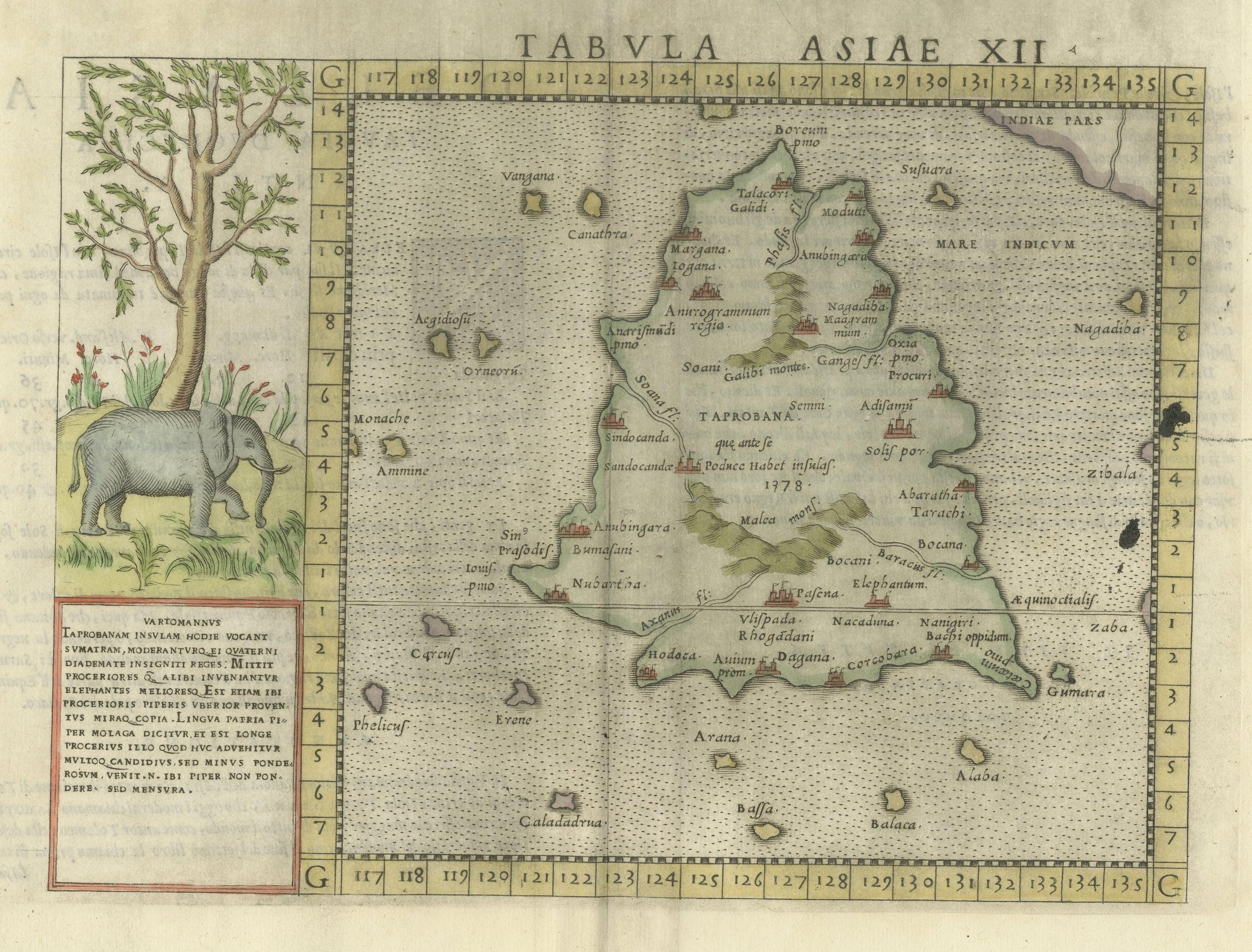 Antique map titled 'Tabula Asiae XII'. 	Ptolemy's twelfth map of Asia depicting the island of Ceylon, Taprobana, based on Gastaldi's 1548 map. There is an illustration of an elephant next to the map, with descriptive text that identifies the island
