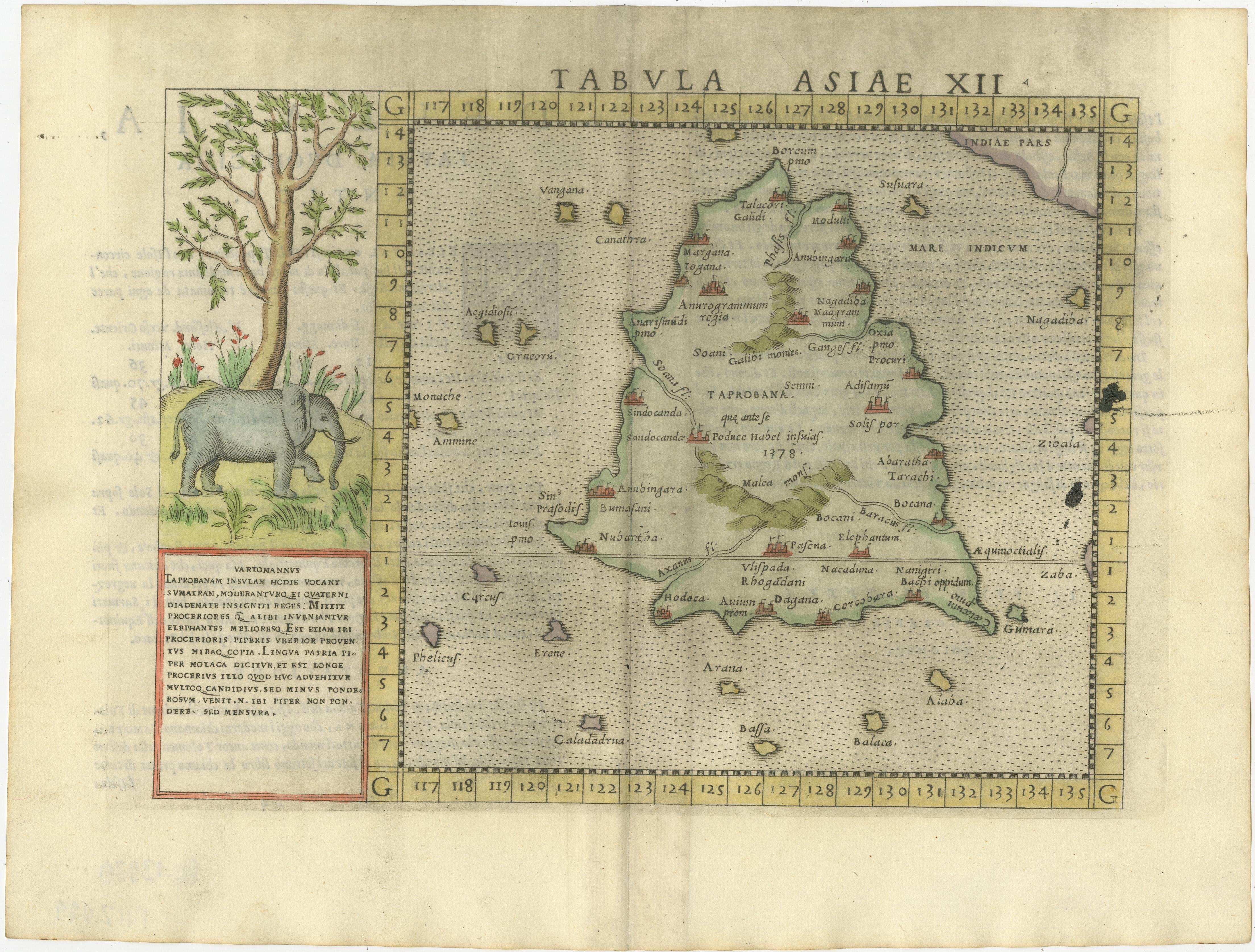 Ptolemy's Map of Asia Depicting the Island of Ceylon, Taprobana (Sri Lanka) In Good Condition In Langweer, NL