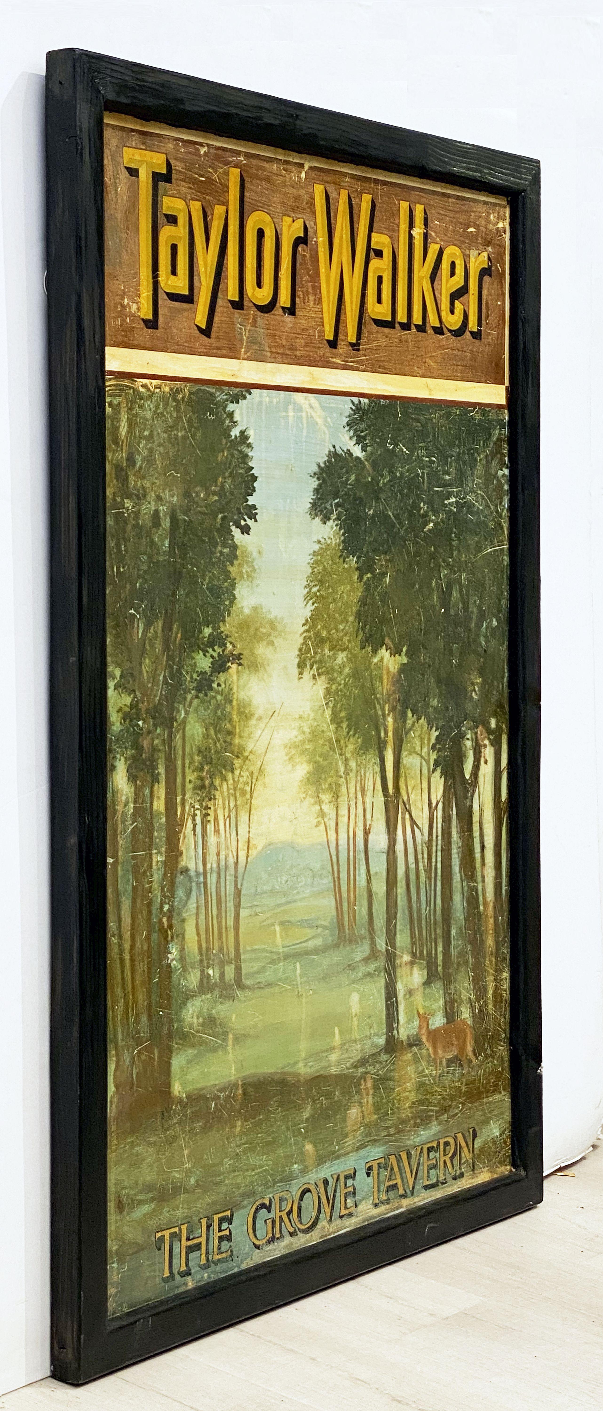 An authentic English pub sign (one-sided) featuring a painting of a path through a grove of trees with a deer in the foreground, entitled: Taylor Walker - The Grove Tavern. 

Taylor Walker Brewing Company was founded in 1730 in Stepney, in the East