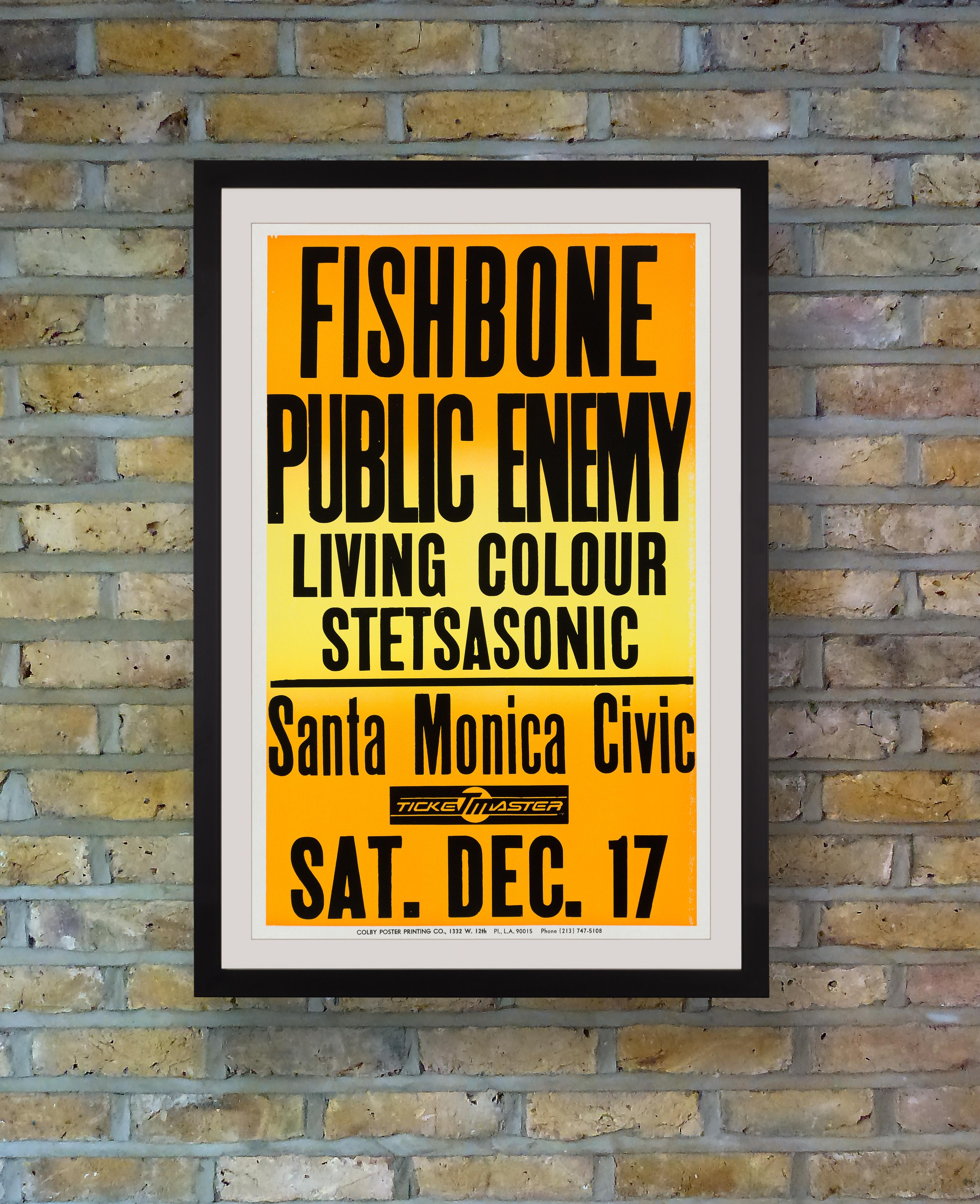 A rare boxing-style concert poster for a performance by Public Enemy with Fishbone, Living Colour and Stetsasonic at the Santa Monica Civic Auditorium on Saturday 17th December 1988, in support of Public Enemy's breakthrough album 