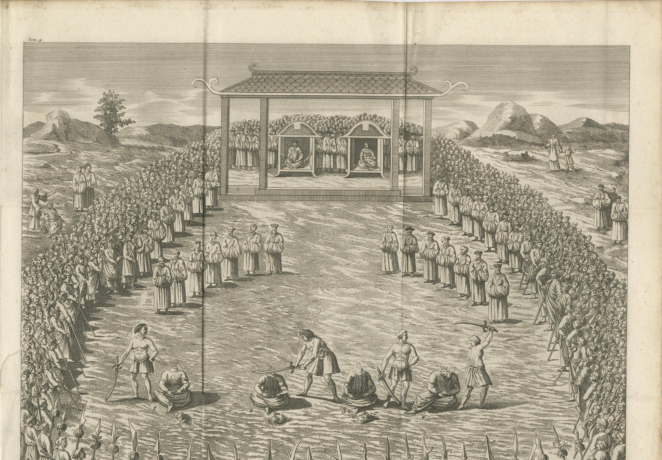 Scène d'exécution publique au Tonkin - Gravure ancienne, 1787

Remarquable gravure sur cuivre du XVIIIe siècle représentant une exécution publique à grande échelle dans le royaume du Tonkin (actuel nord du Viêt Nam) le 12 janvier 1737. La scène