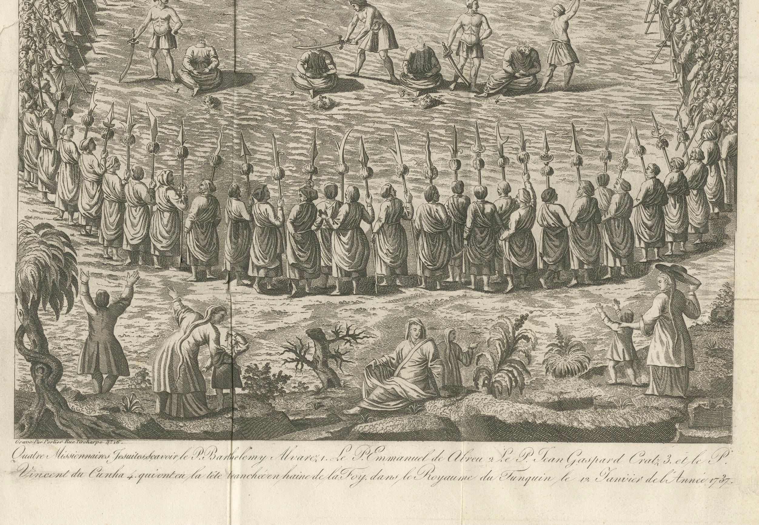 Français Scène d'exécution publique au Tonkin (nord du Vietnam) - Gravure ancienne, 1787 en vente