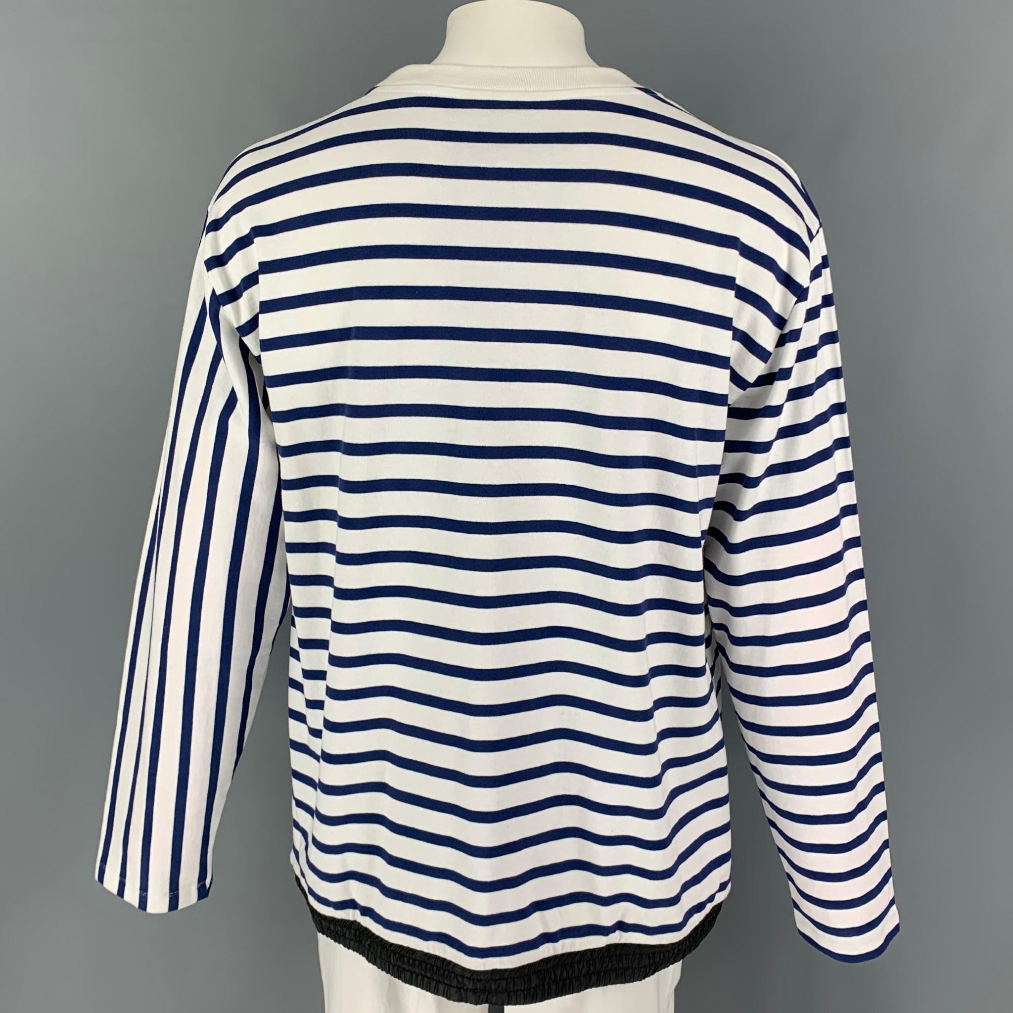 PUBLIC SCHOOL Size XL White Blue Stripe Cotton Polyester Crew-Neck T-shirt In Good Condition In San Francisco, CA