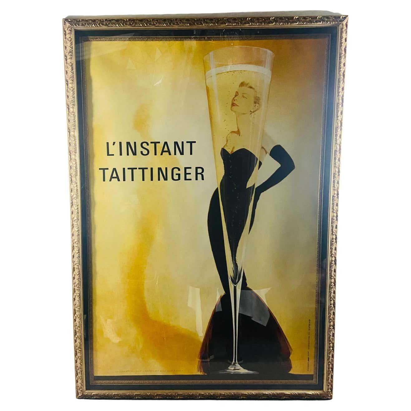 A large and impressive L'Instant Taittinger authentic vintage poster by Publicic Conseil The L’Instant Taittinger. Printed in 1989, Taittinger advertisers were aiming for a 1940s glamour Hollywood feel when they designed an initial mock-up of a