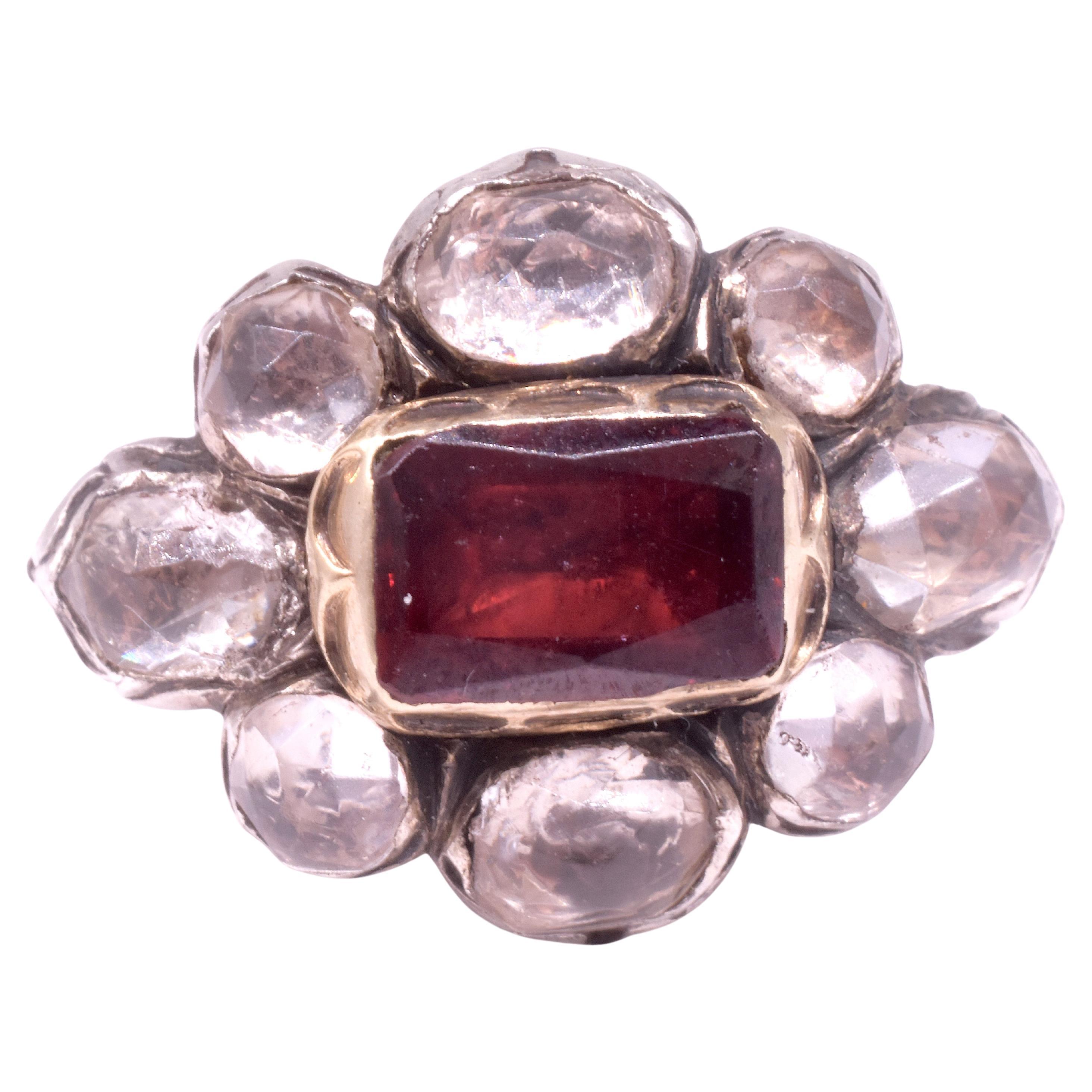 C1680 Stuart Period Paste Cluster Ring with Center Almandine Garnet For Sale