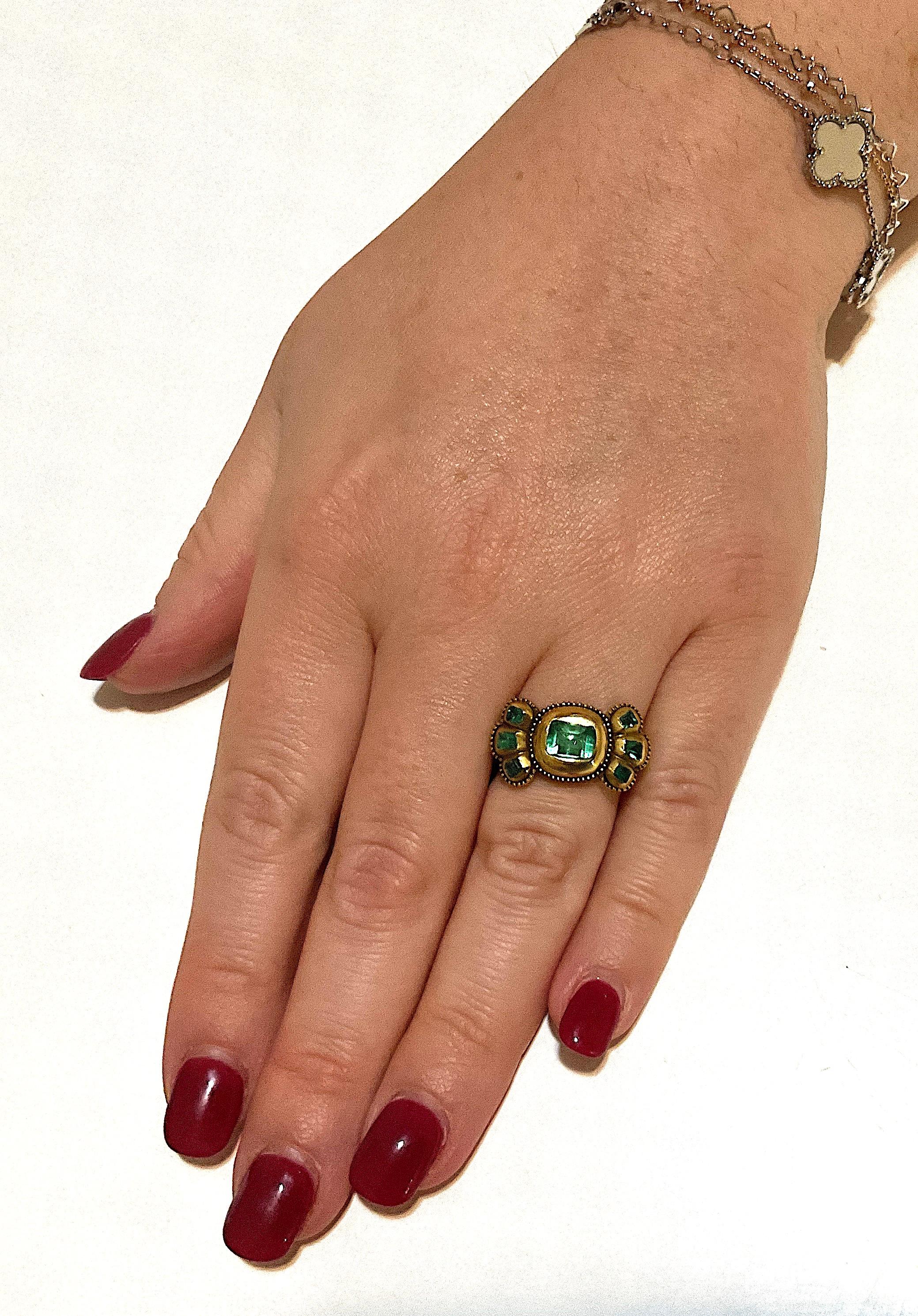 C1690 Iberian 7 Stone Table Cut Emerald Bow Form Ring For Sale 4