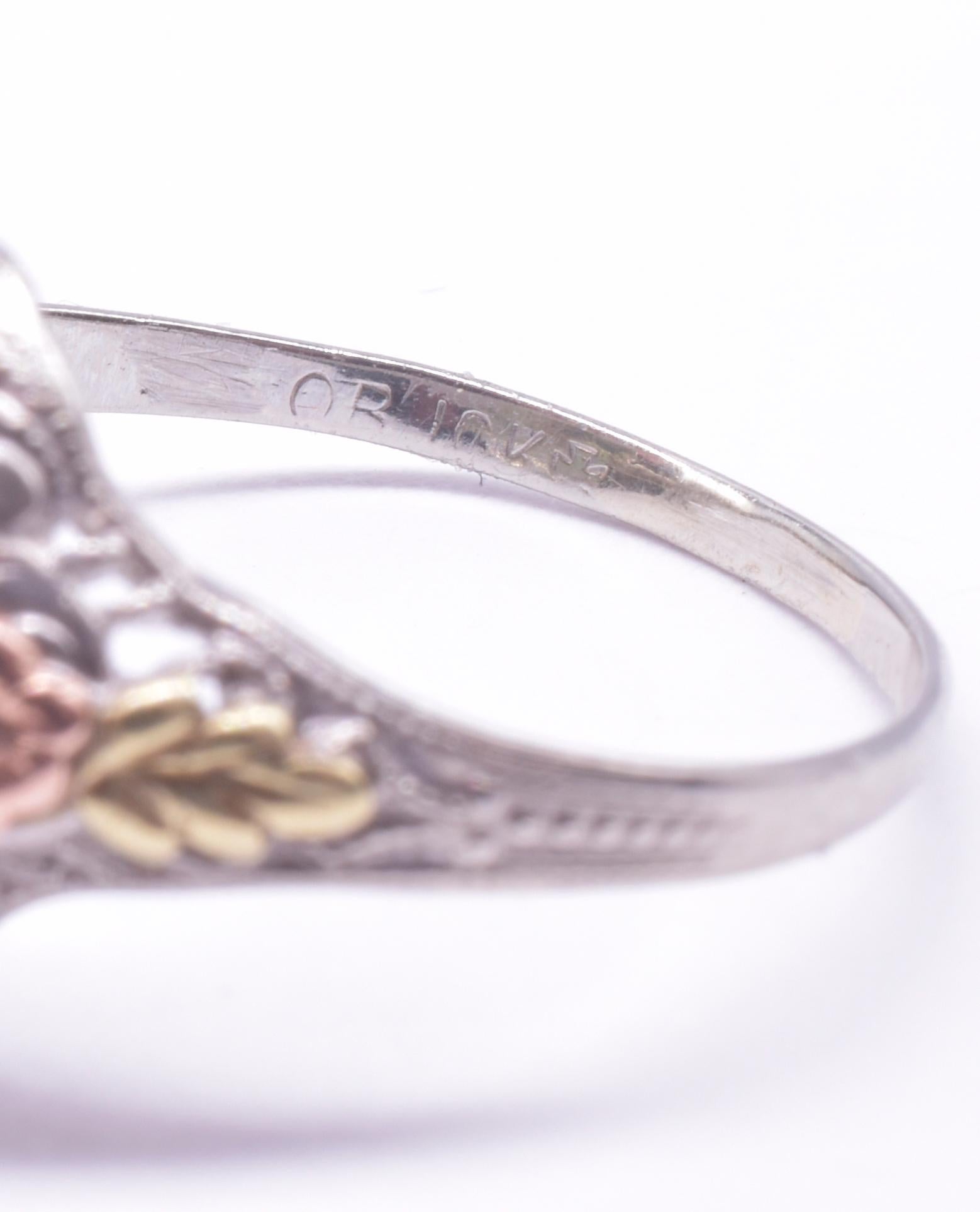 C1910 Antique Ostby & Barton 10k Peridot Filligree Ring of 2 color Gold 1