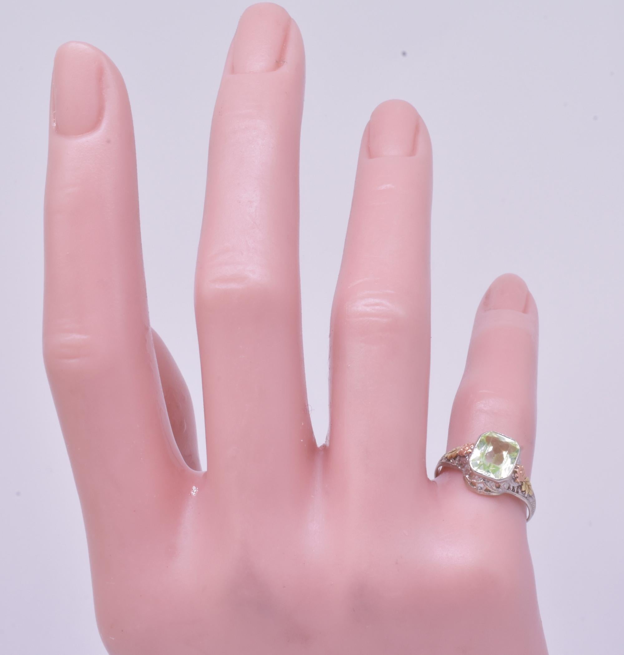 Art Nouveau C1910 Antique Ostby & Barton 10k Peridot Filligree Ring of 2 color Gold