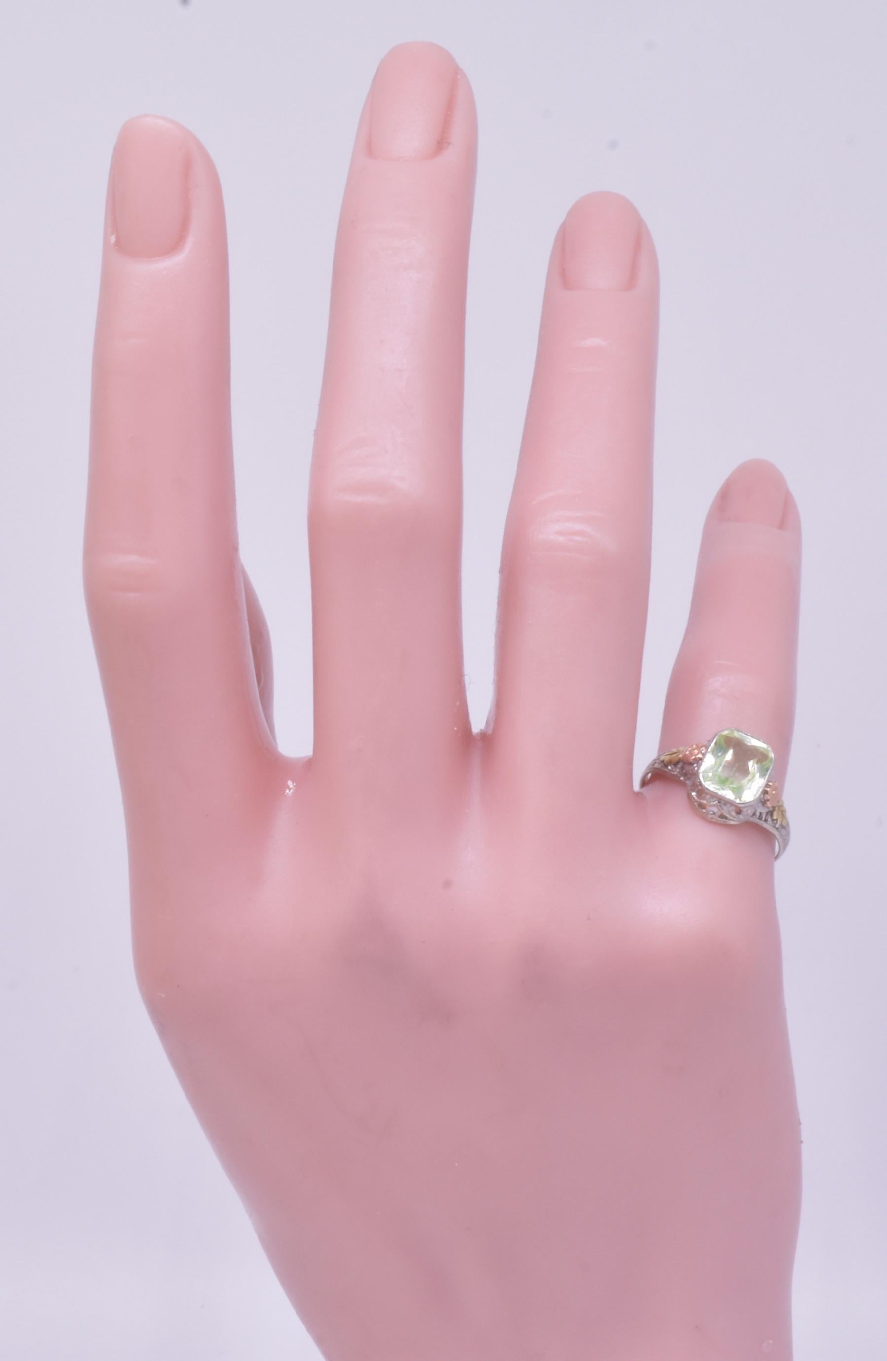 Emerald Cut C1910 Antique Ostby & Barton 10k Peridot Filligree Ring of 2 color Gold