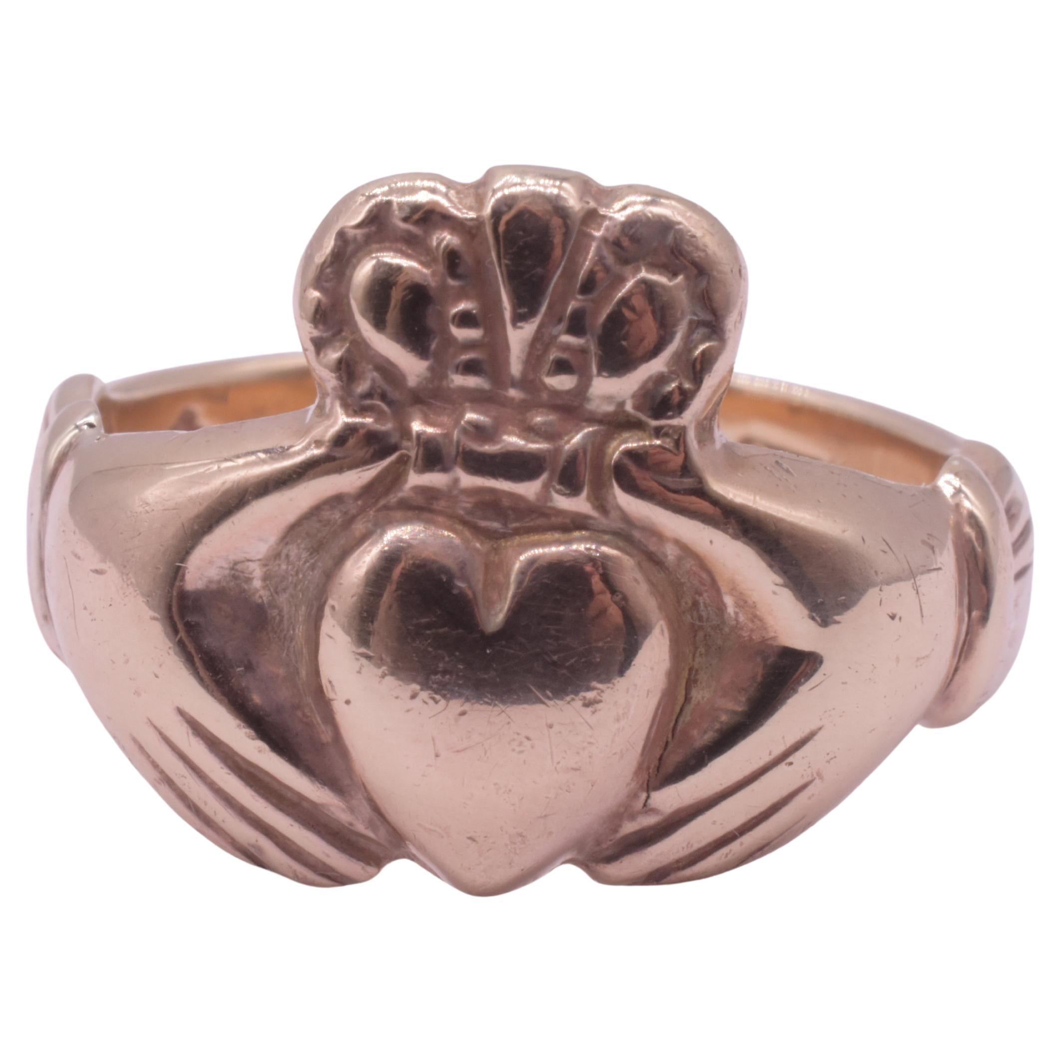 C1910 Irish Claddagh ring with Hands Grasping Heart motif, size 7