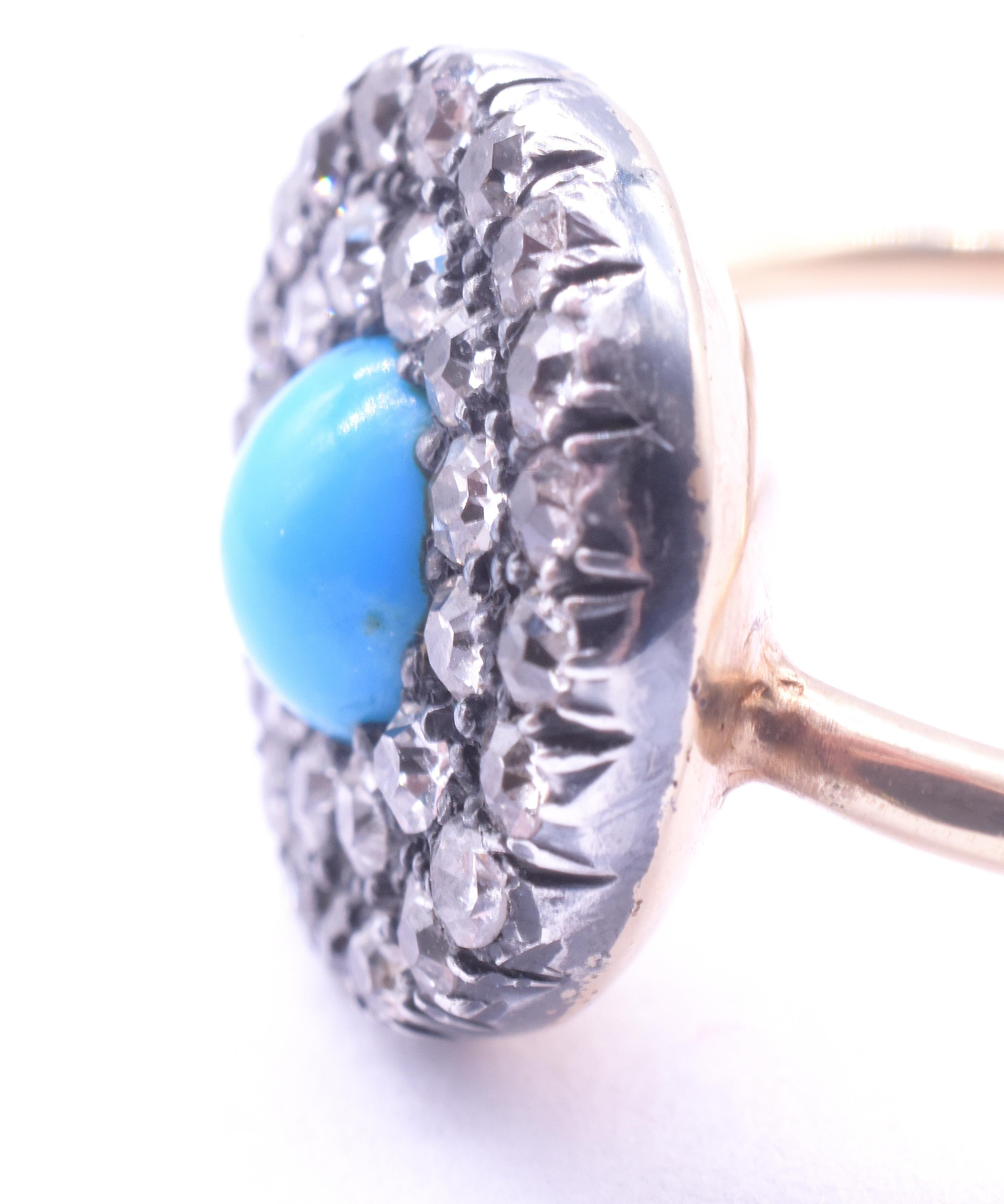 Anello a grappolo di diamanti in stile tardo georgiano a 18 carati con una pietra turchese centrale in vendita 7