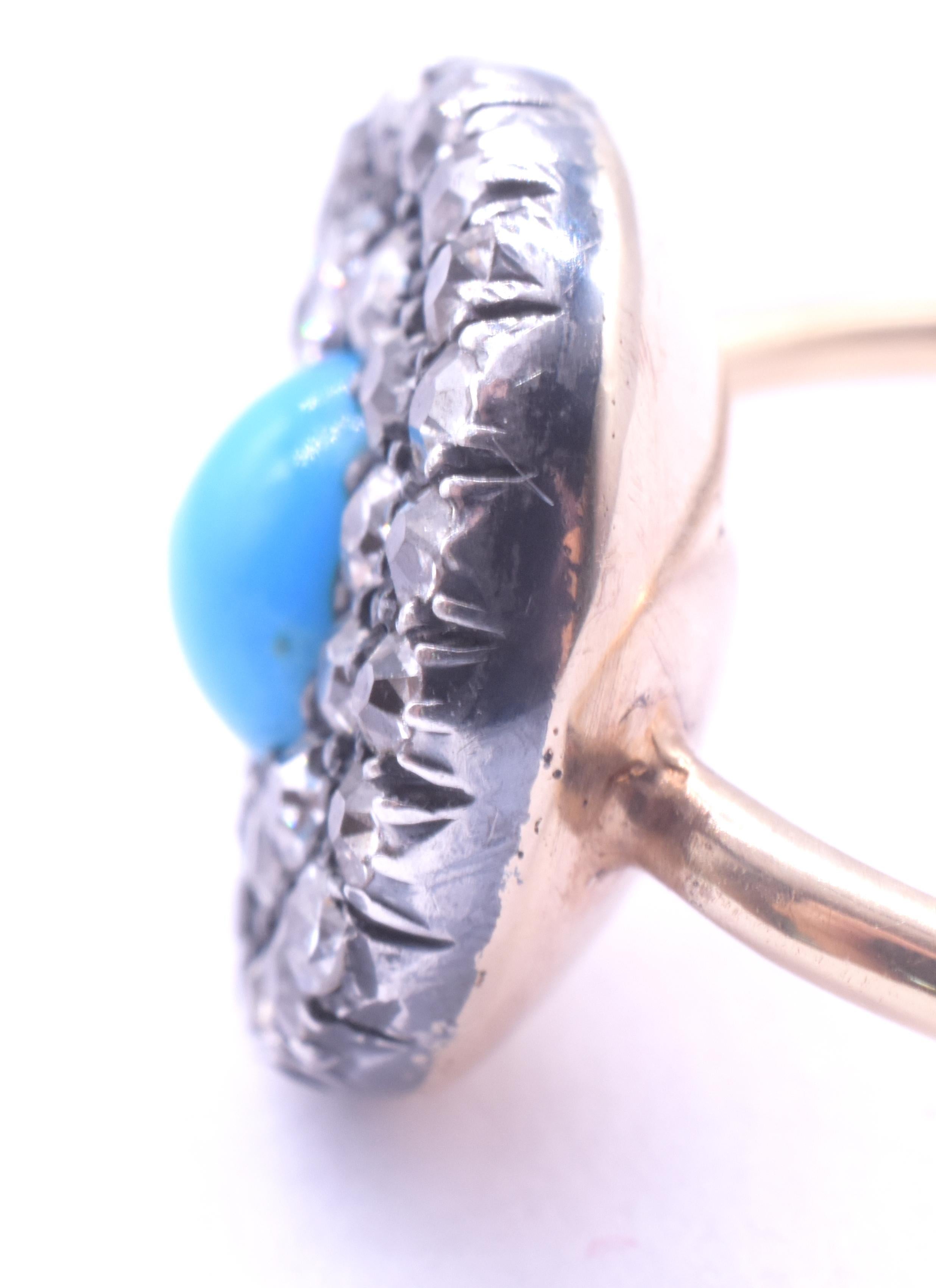 Anello a grappolo di diamanti in stile tardo georgiano a 18 carati con una pietra turchese centrale in vendita 13
