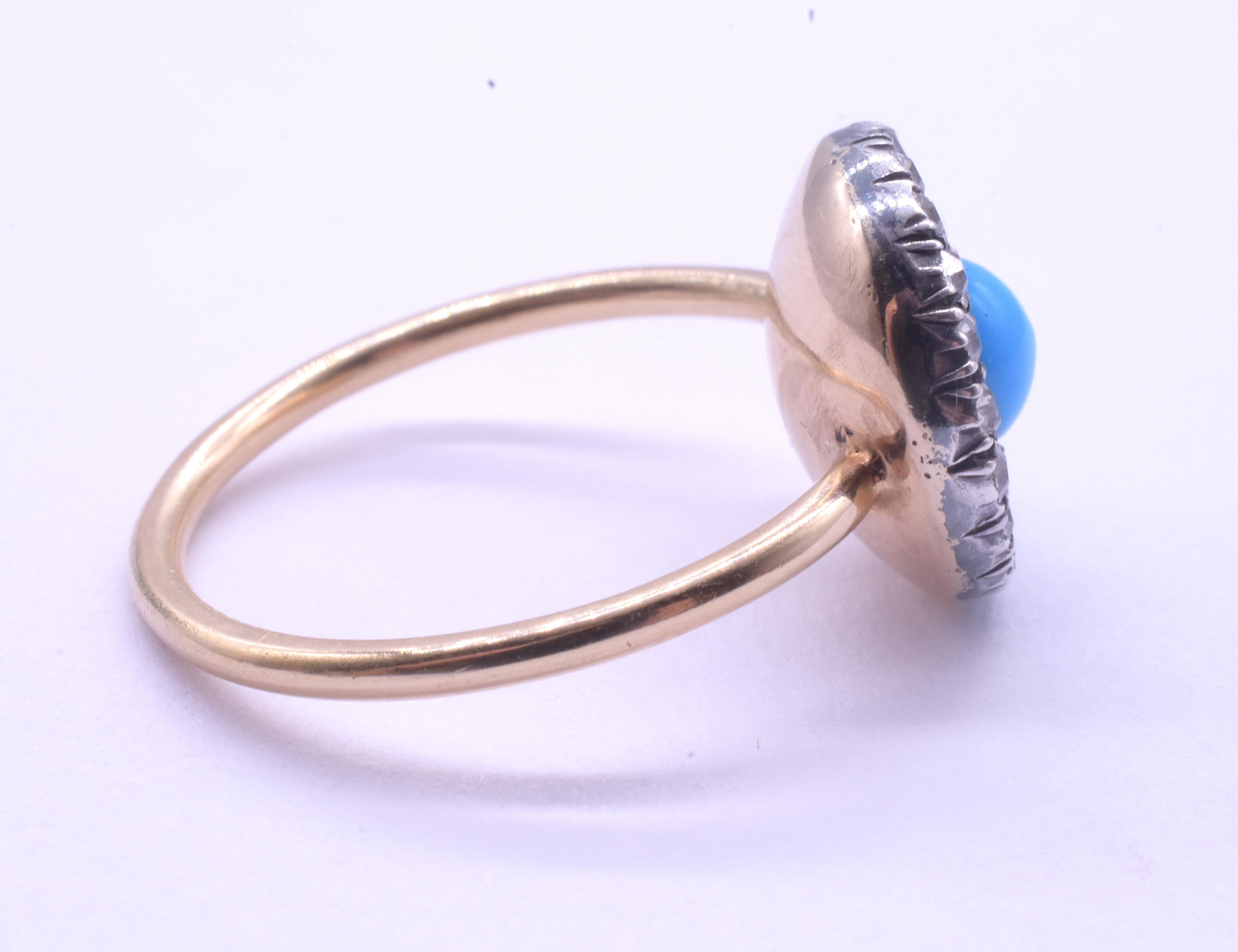 Anello a grappolo di diamanti in stile tardo georgiano a 18 carati con una pietra turchese centrale in vendita 1