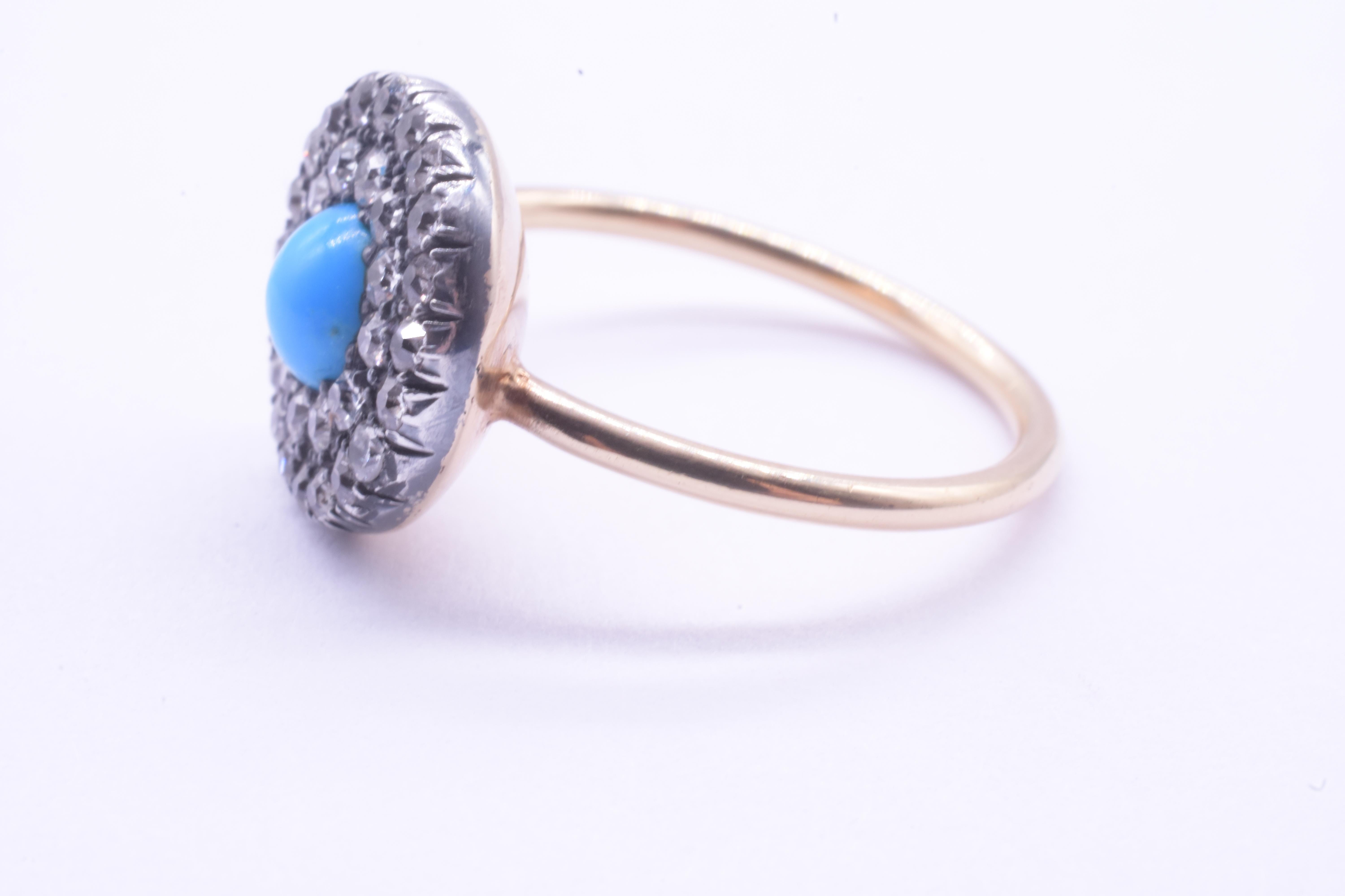 Anello a grappolo di diamanti in stile tardo georgiano a 18 carati con una pietra turchese centrale in vendita 2