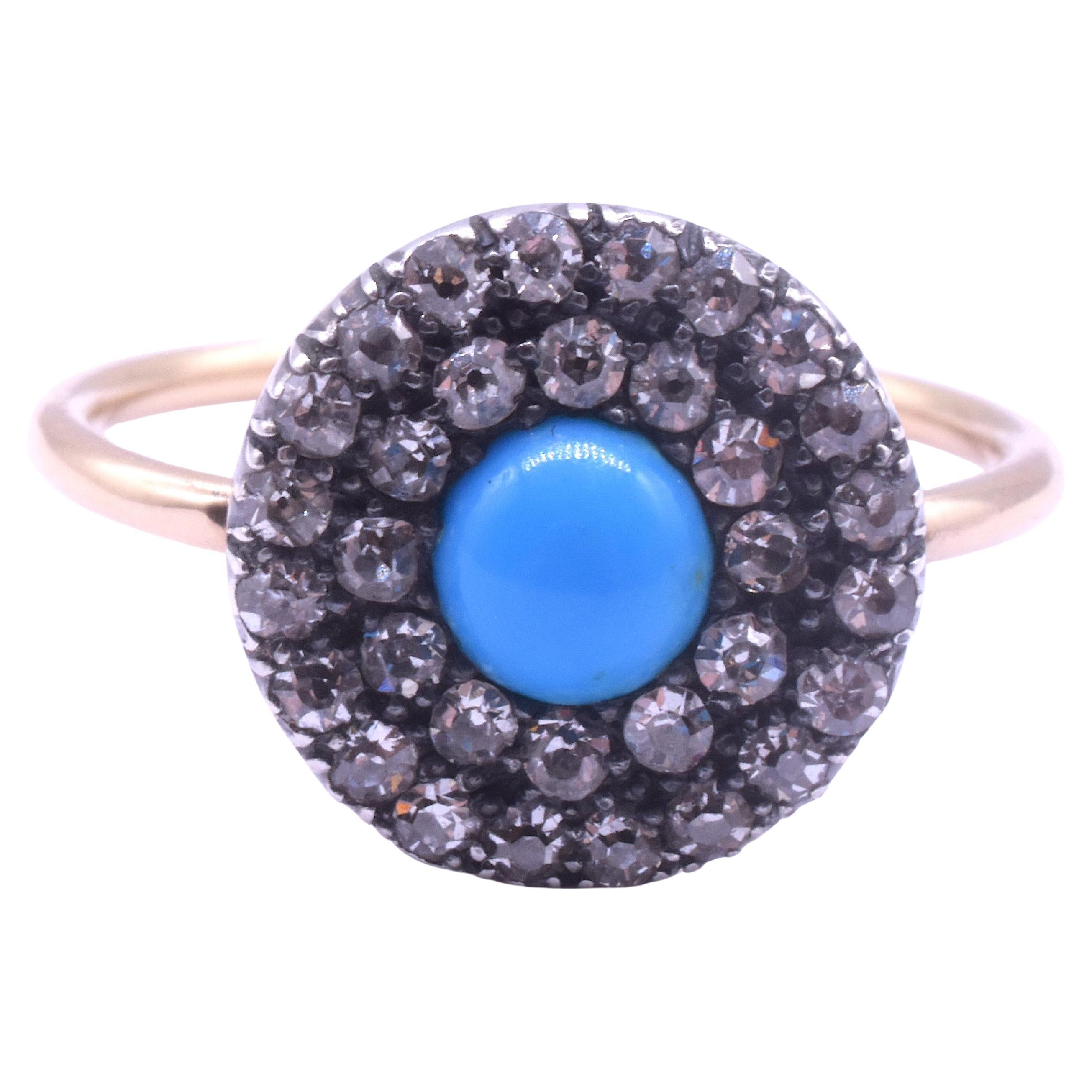 Spätgeorgianischer 18K Diamant-Cluster-Ring mit türkisfarbenem Stein in der Mitte
