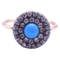 Late Georgian 18K Diamond Cluster Ring with a Turquoise Stone Center