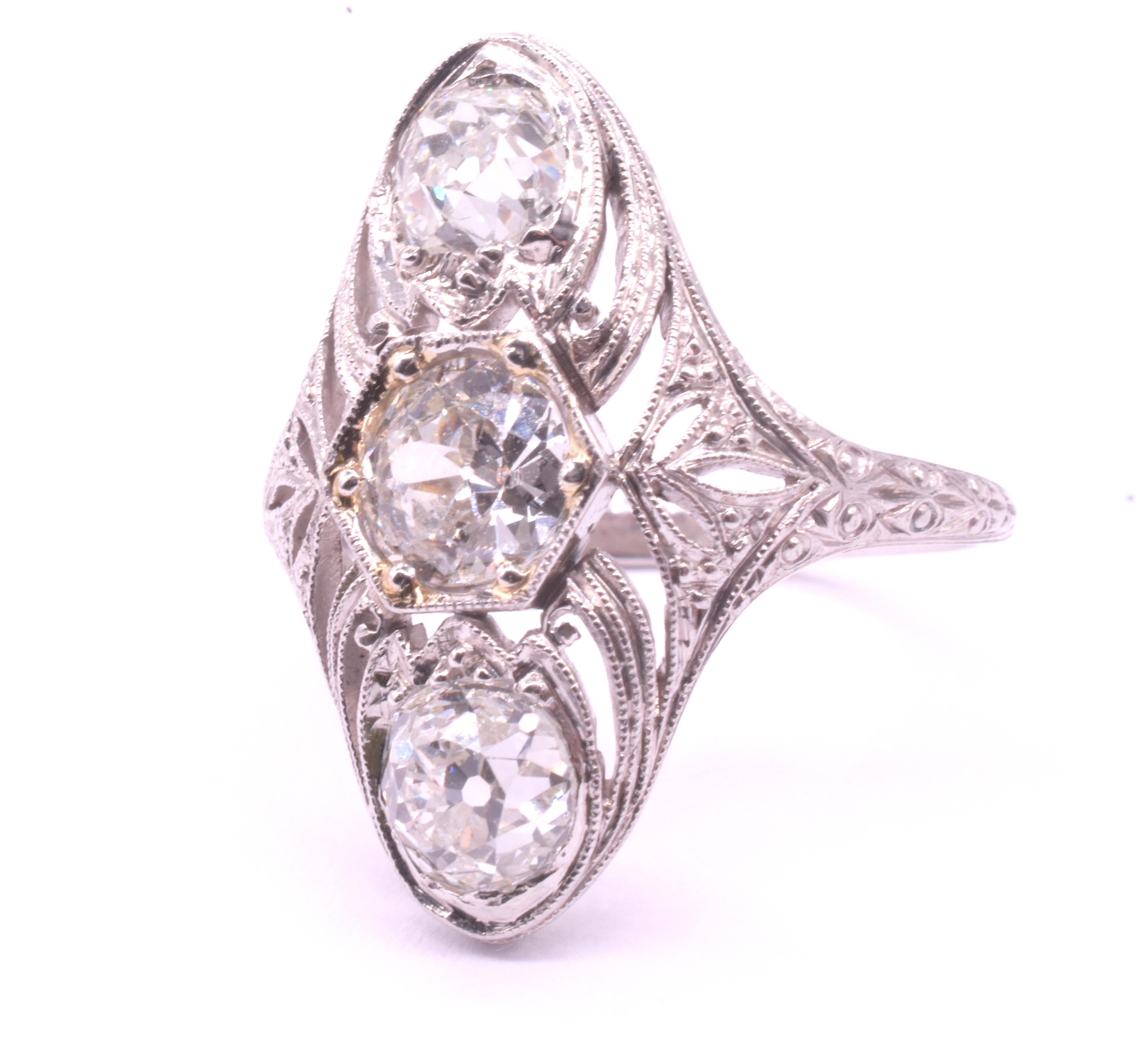 da uomo o donna Anello con triplo diamante Art Deco a forma di marquise in vendita