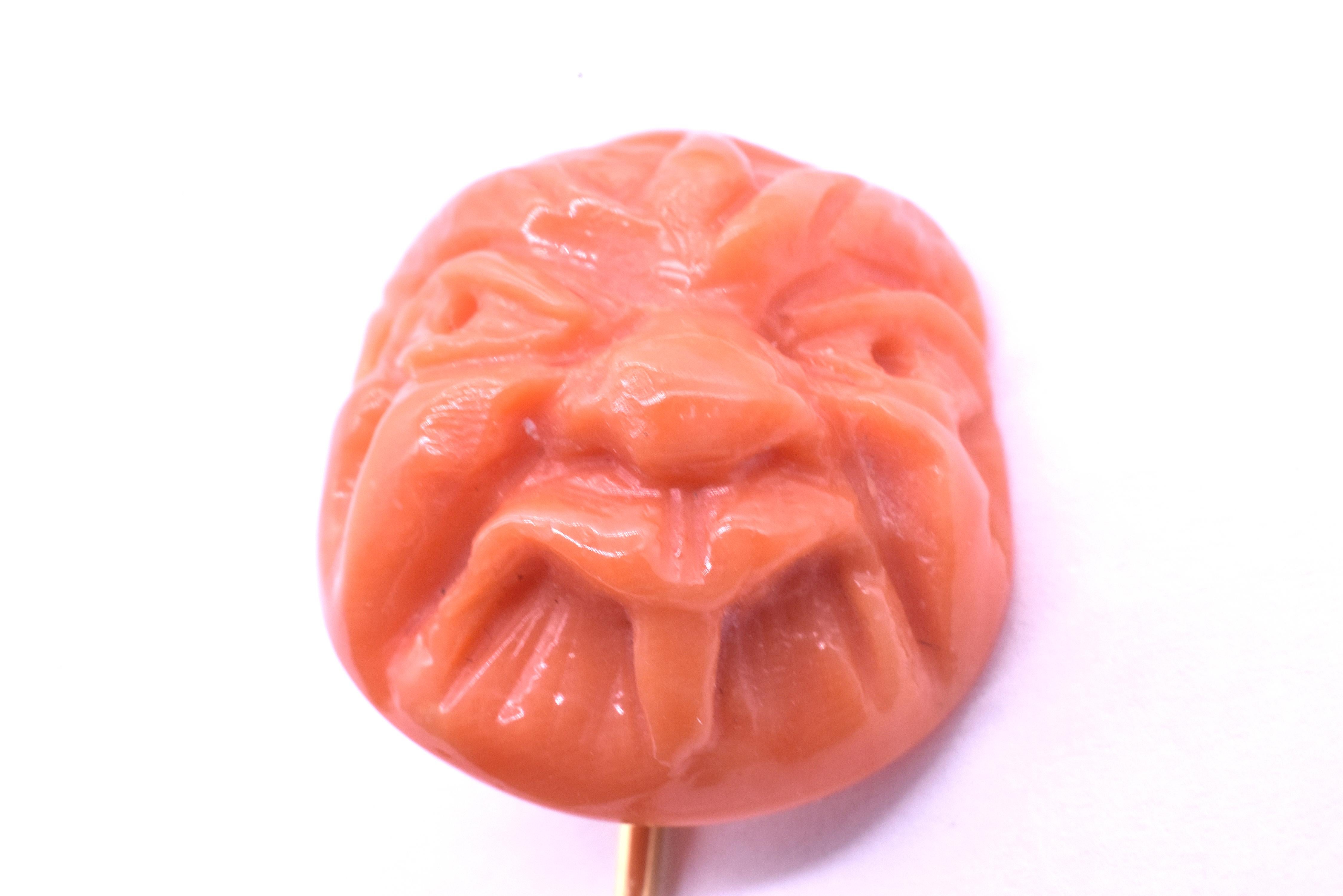 Cabochon Victorian Coral Stickpin of Figural Face in the Motif of the Grotesque For Sale