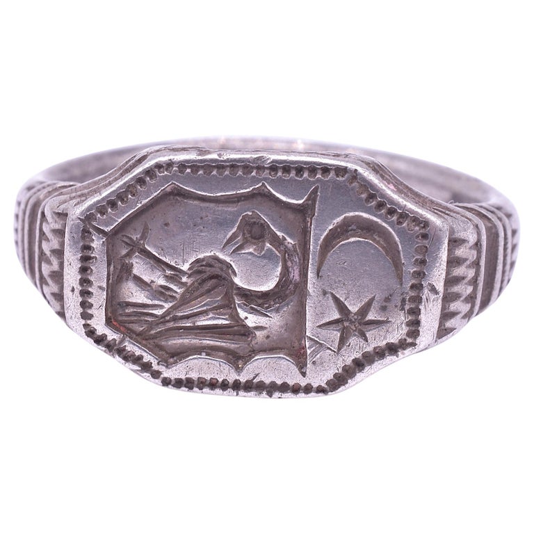 C1650 Medieval Silver Ring w Crescent Moon and Star and Pelican