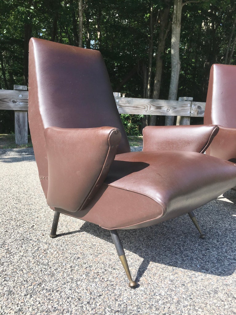 Brass Published Pair of Nino Zoncada Lounge Chairs For Sale
