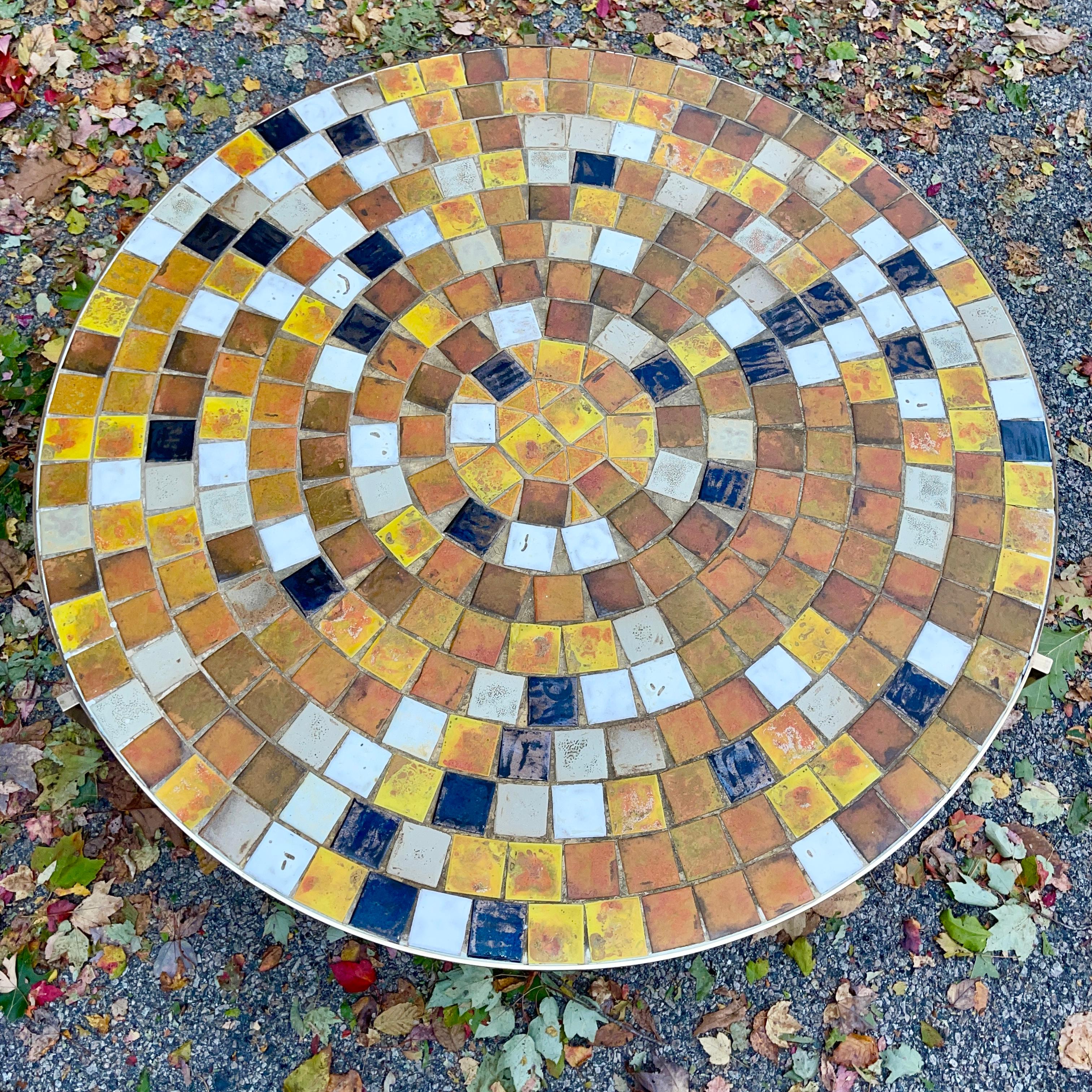 Published Tile & Brass Round Cocktail Table by Samson Berman 4