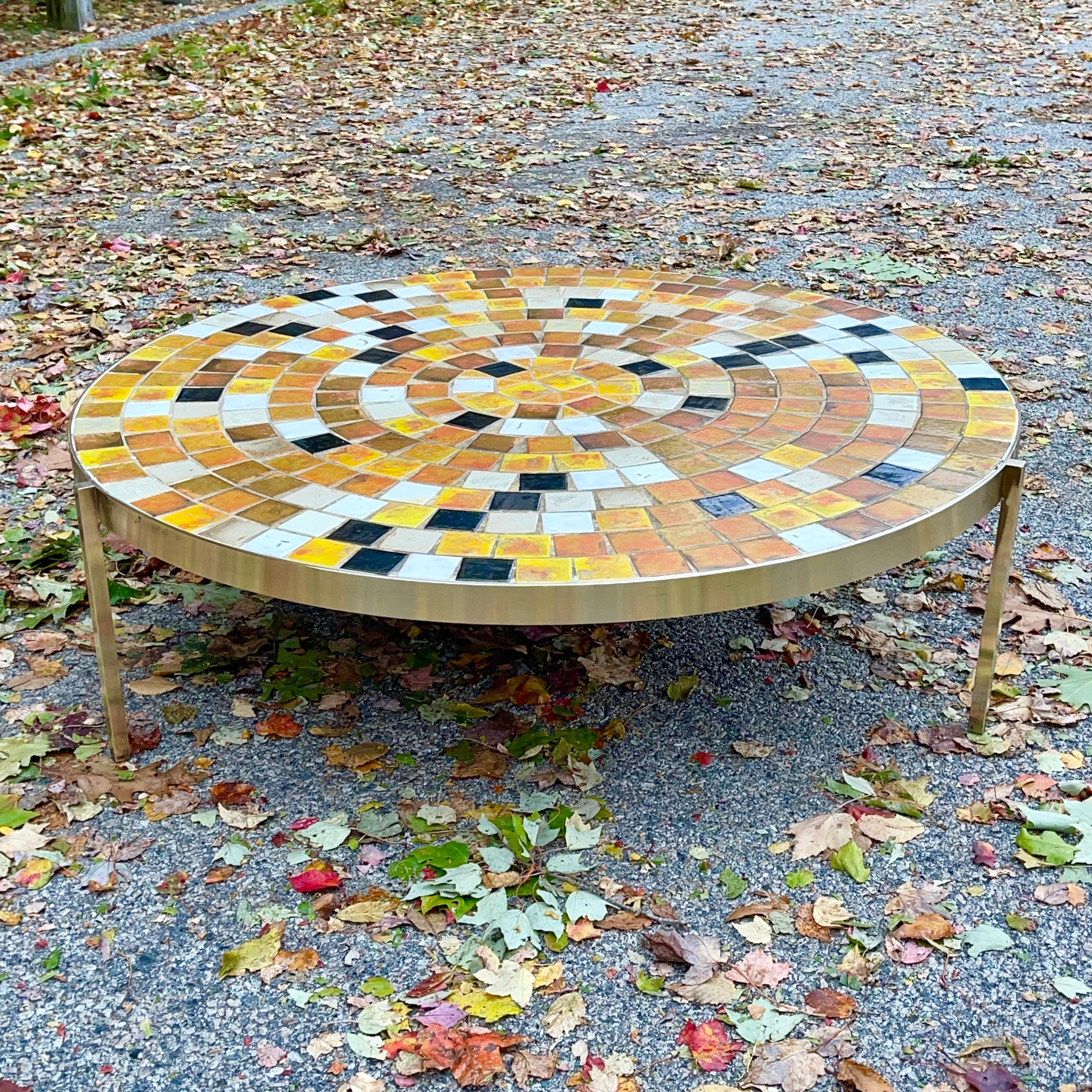 Mid-20th Century Published Tile & Brass Round Cocktail Table by Samson Berman