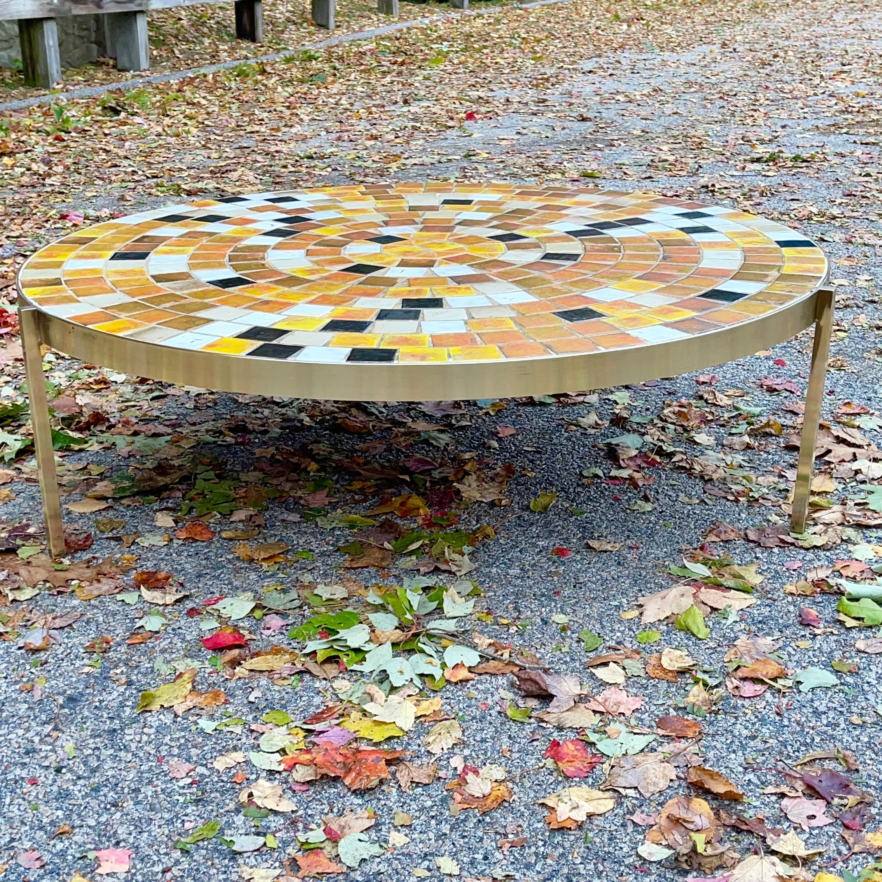 Published Tile & Brass Round Cocktail Table by Samson Berman 2