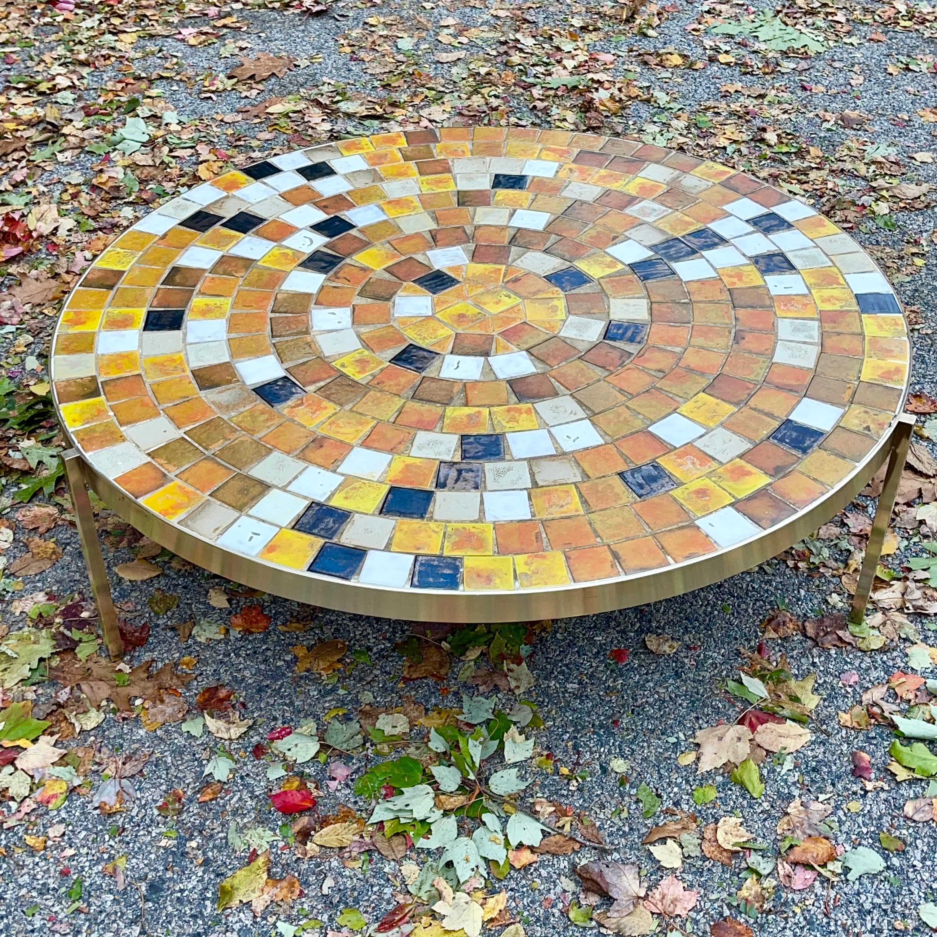 Published Tile & Brass Round Cocktail Table by Samson Berman 3
