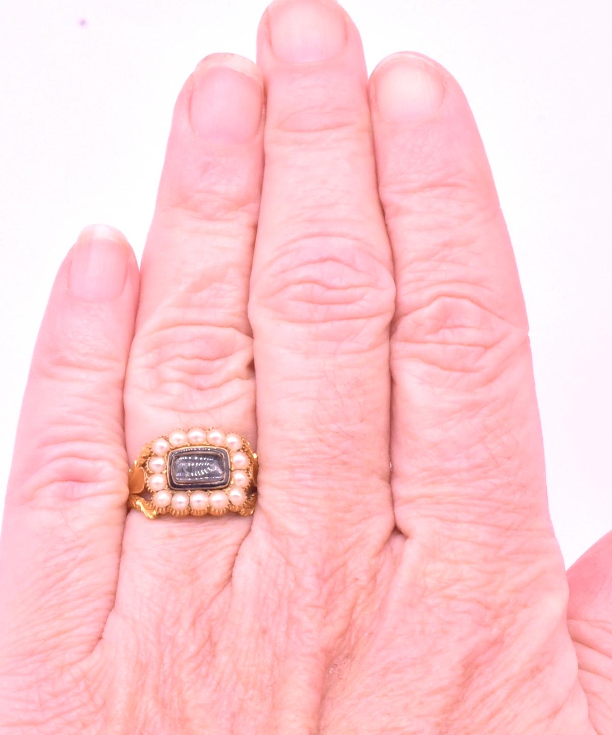 Cabochon Georgian 22K Memorial Ring with Pearl Surround, Hallmarked 1833