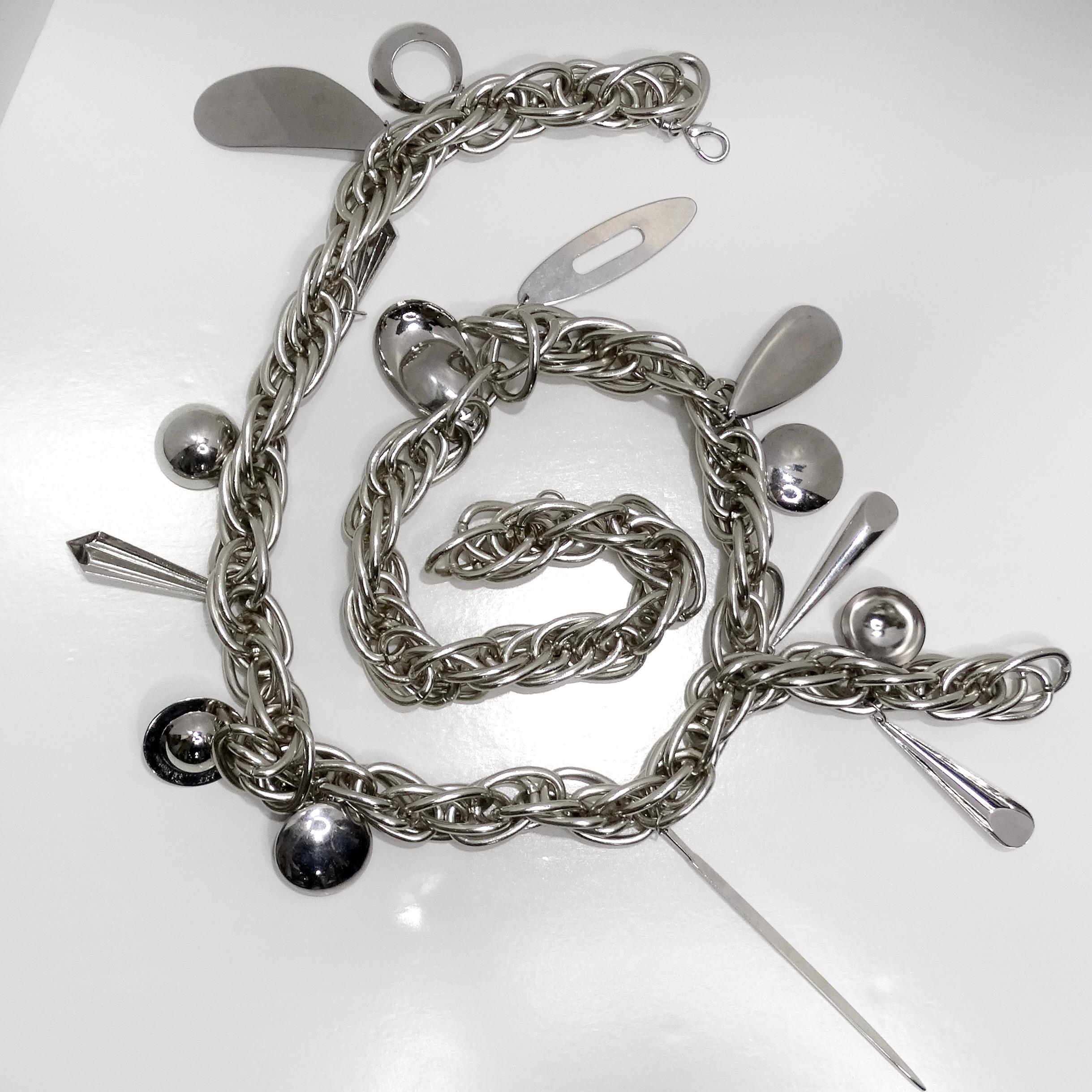 Pucci 1980s Silver Tone Charm Chain Belt For Sale 8
