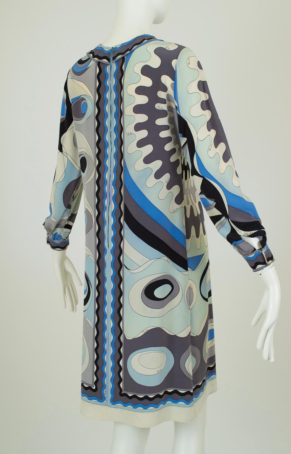 Gray Pucci Blue Silk Georgette Twiggy Mini Dress with Funnel Collar – XS, 1960s For Sale