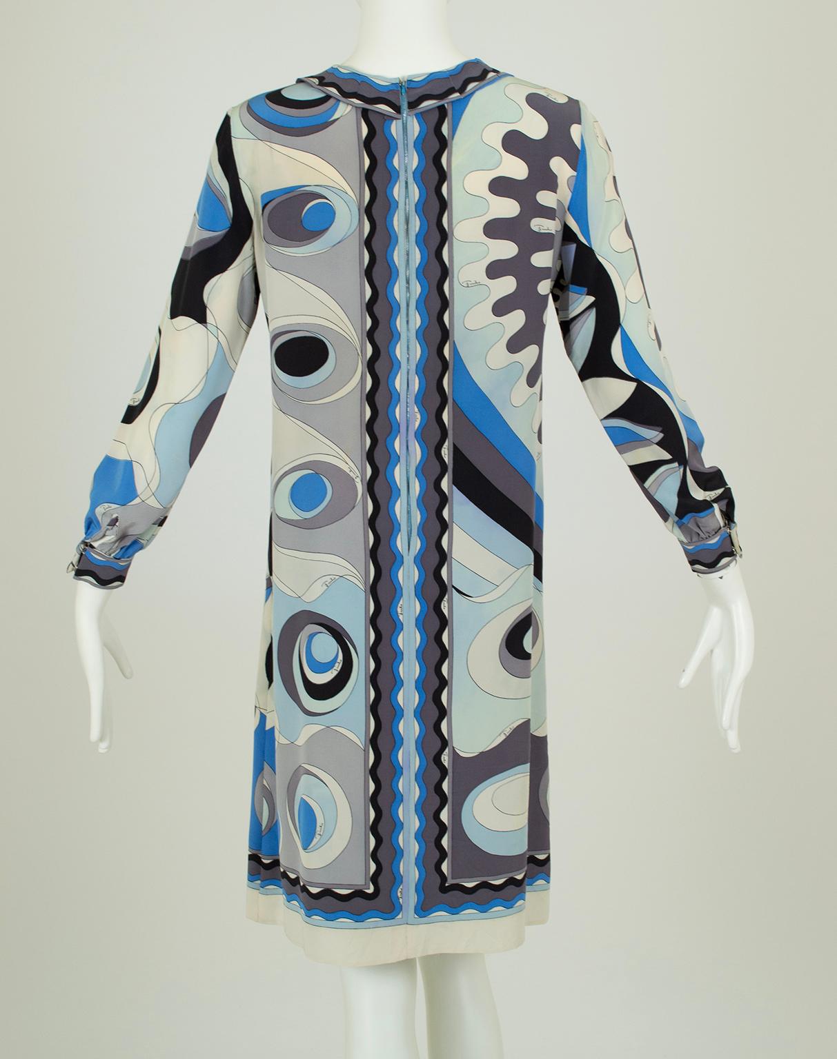Pucci Blue Silk Georgette Twiggy Mini Dress with Funnel Collar – XS, 1960s In Good Condition For Sale In Tucson, AZ