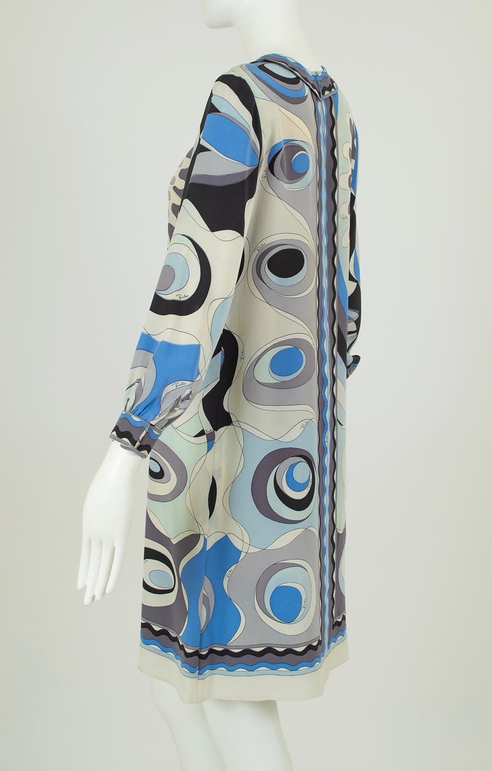 Women's Pucci Blue Silk Georgette Twiggy Mini Dress with Funnel Collar – XS, 1960s For Sale