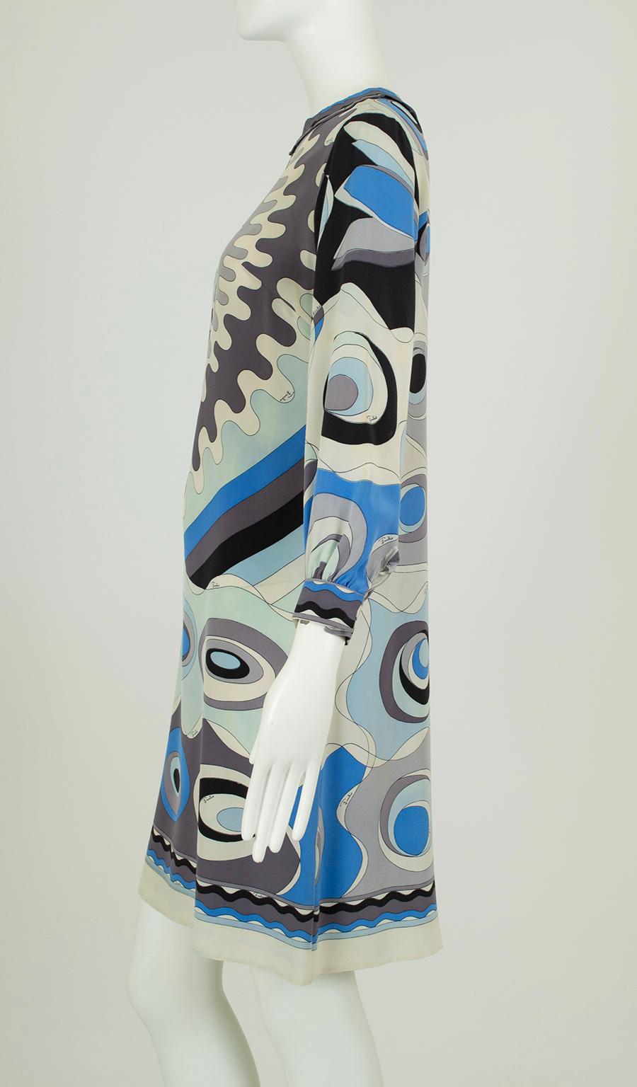 Pucci Blue Silk Georgette Twiggy Mini Dress with Funnel Collar – XS, 1960s For Sale 1