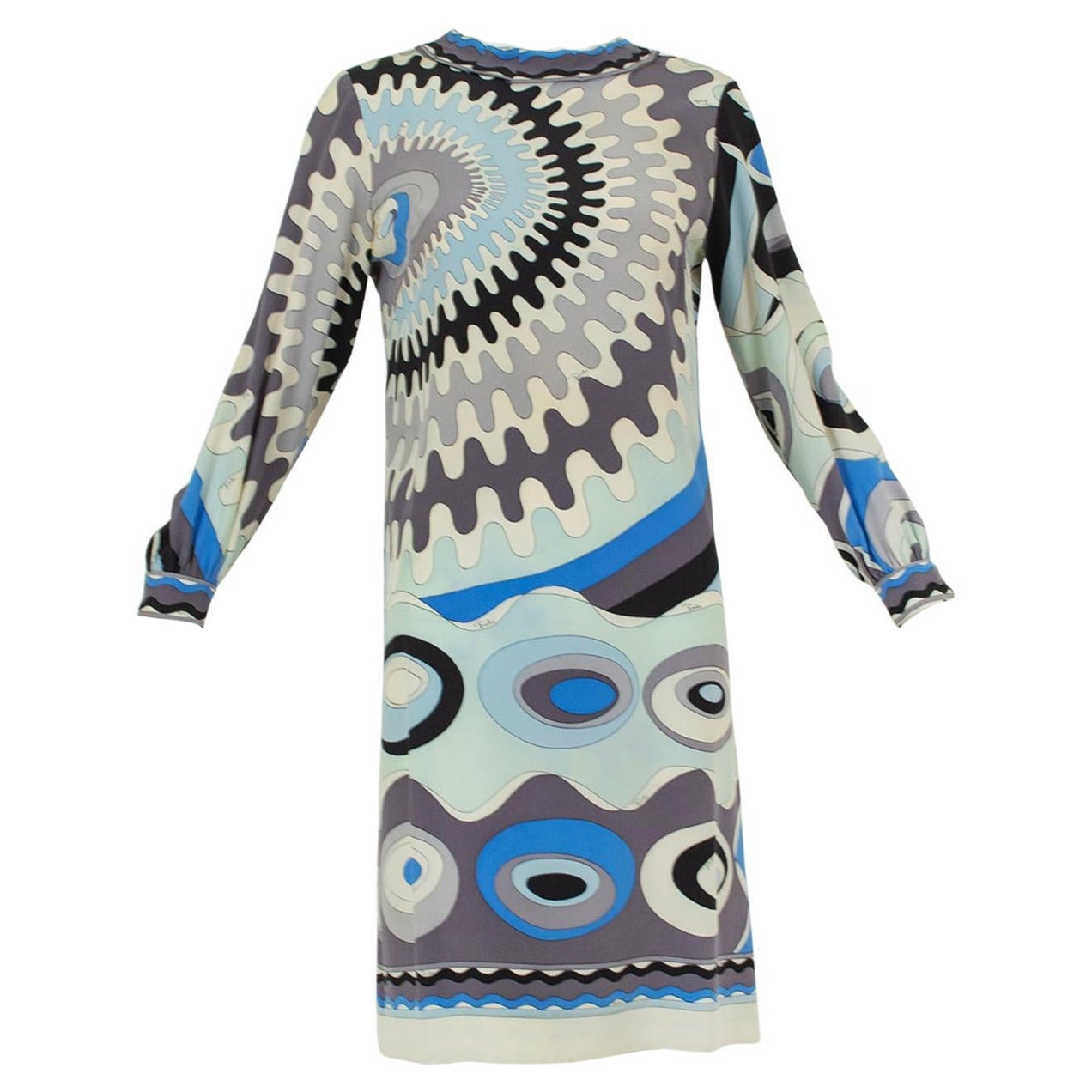 Pucci Blue Silk Georgette Twiggy Mini Dress with Funnel Collar – XS, 1960s