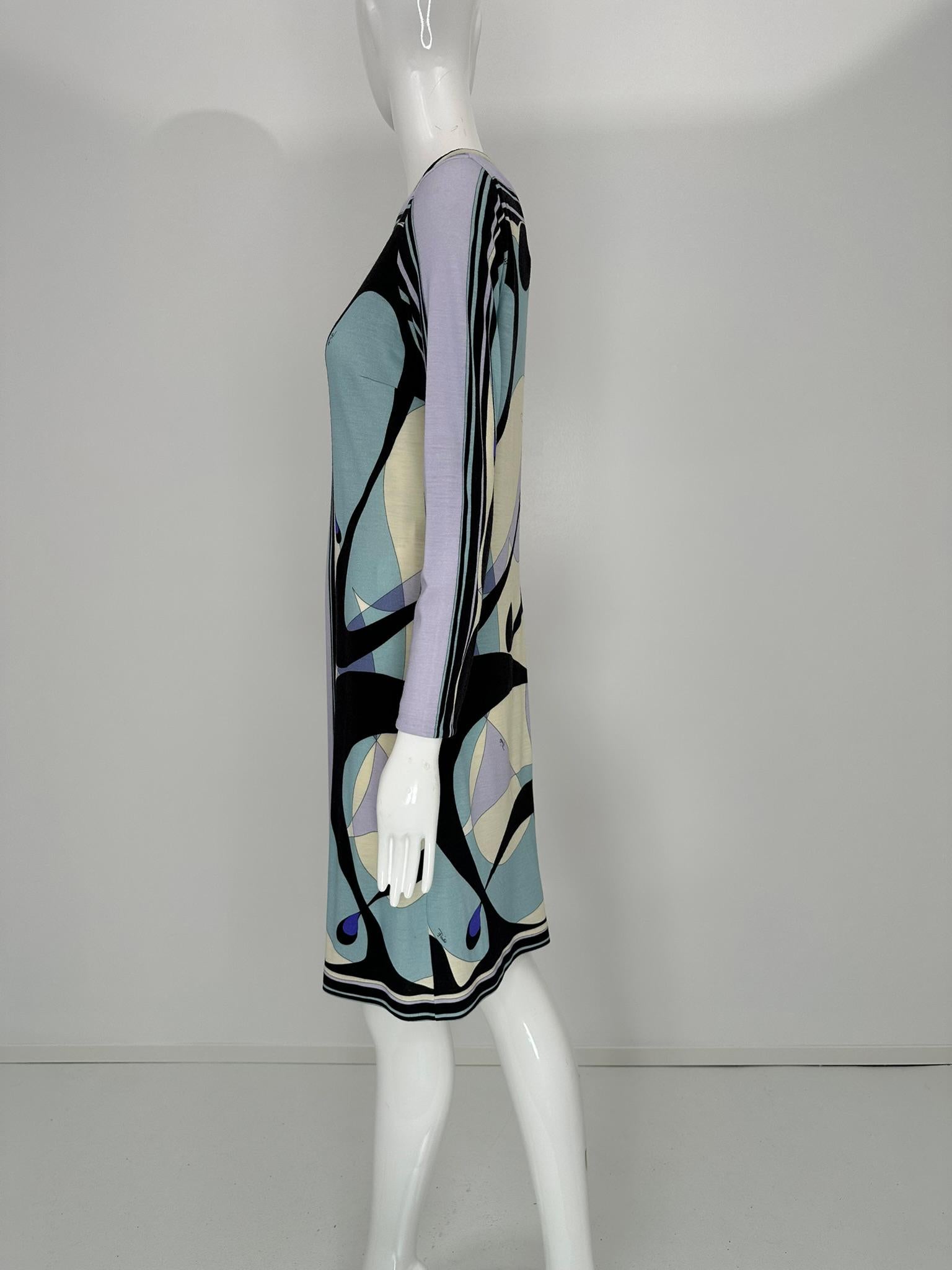 Robe à manches longues et col rond en jersey de laine légère au design géométrique Pucci, 40 en vente 7
