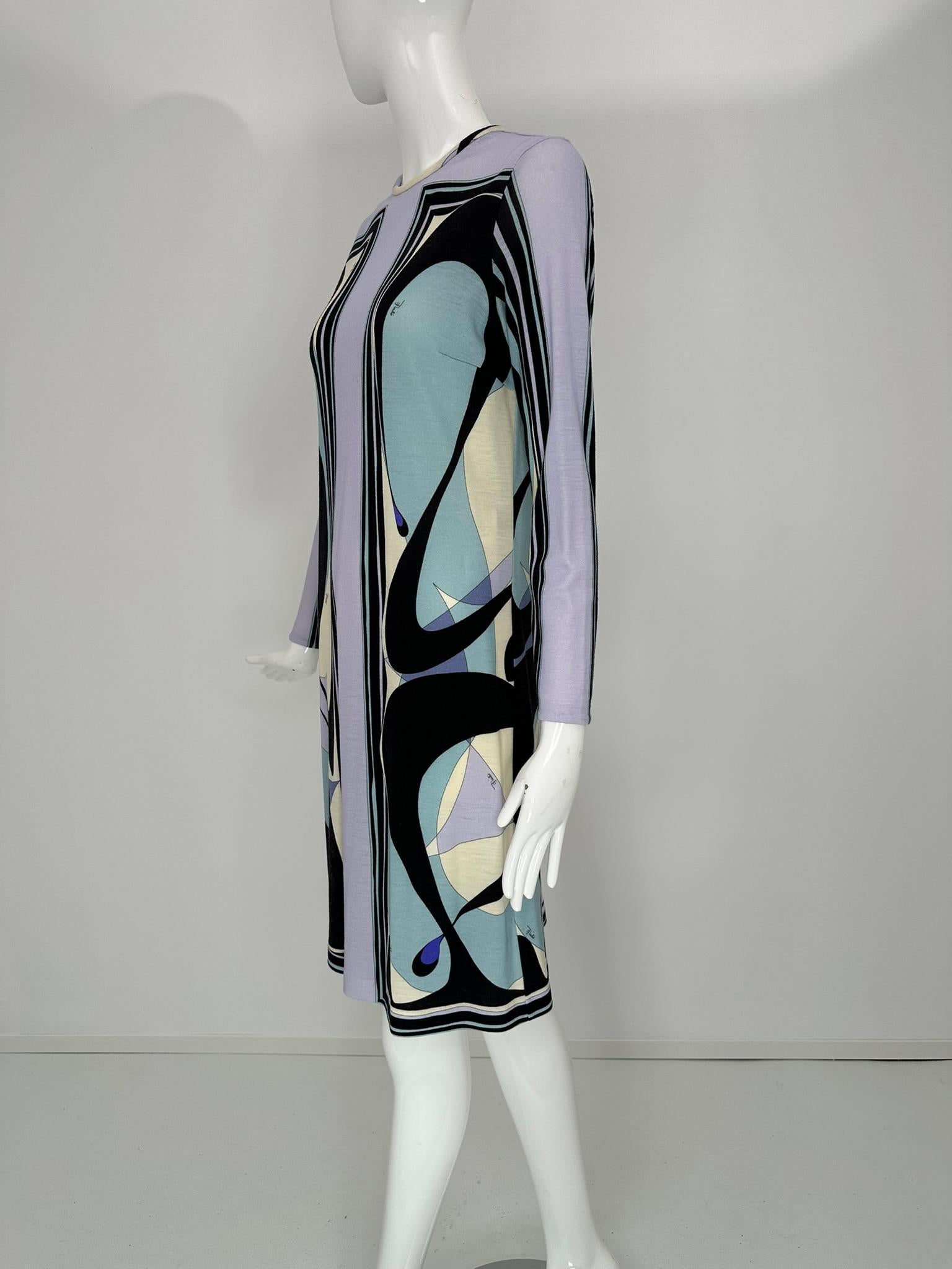 Robe à manches longues et col rond en jersey de laine légère au design géométrique Pucci, 40 en vente 8