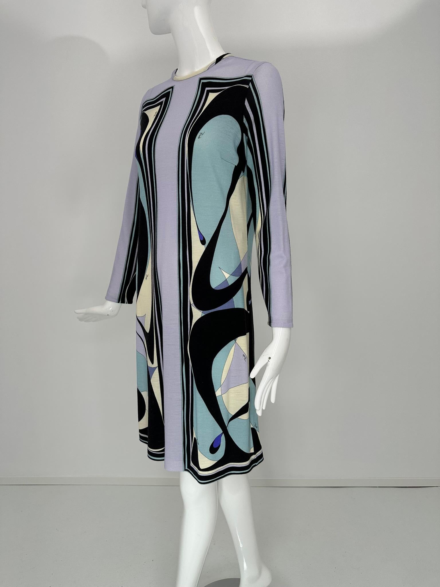 Robe à manches longues et col rond en jersey de laine légère au design géométrique Pucci, 40 en vente 9