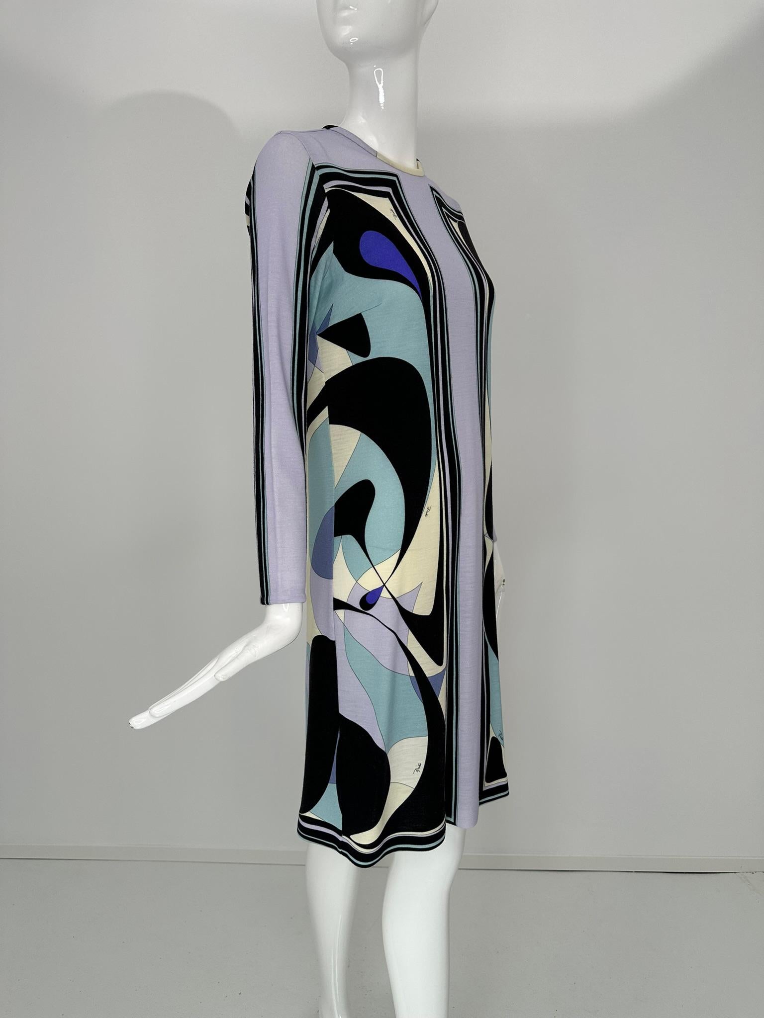 Gris Robe à manches longues et col rond en jersey de laine légère au design géométrique Pucci, 40 en vente