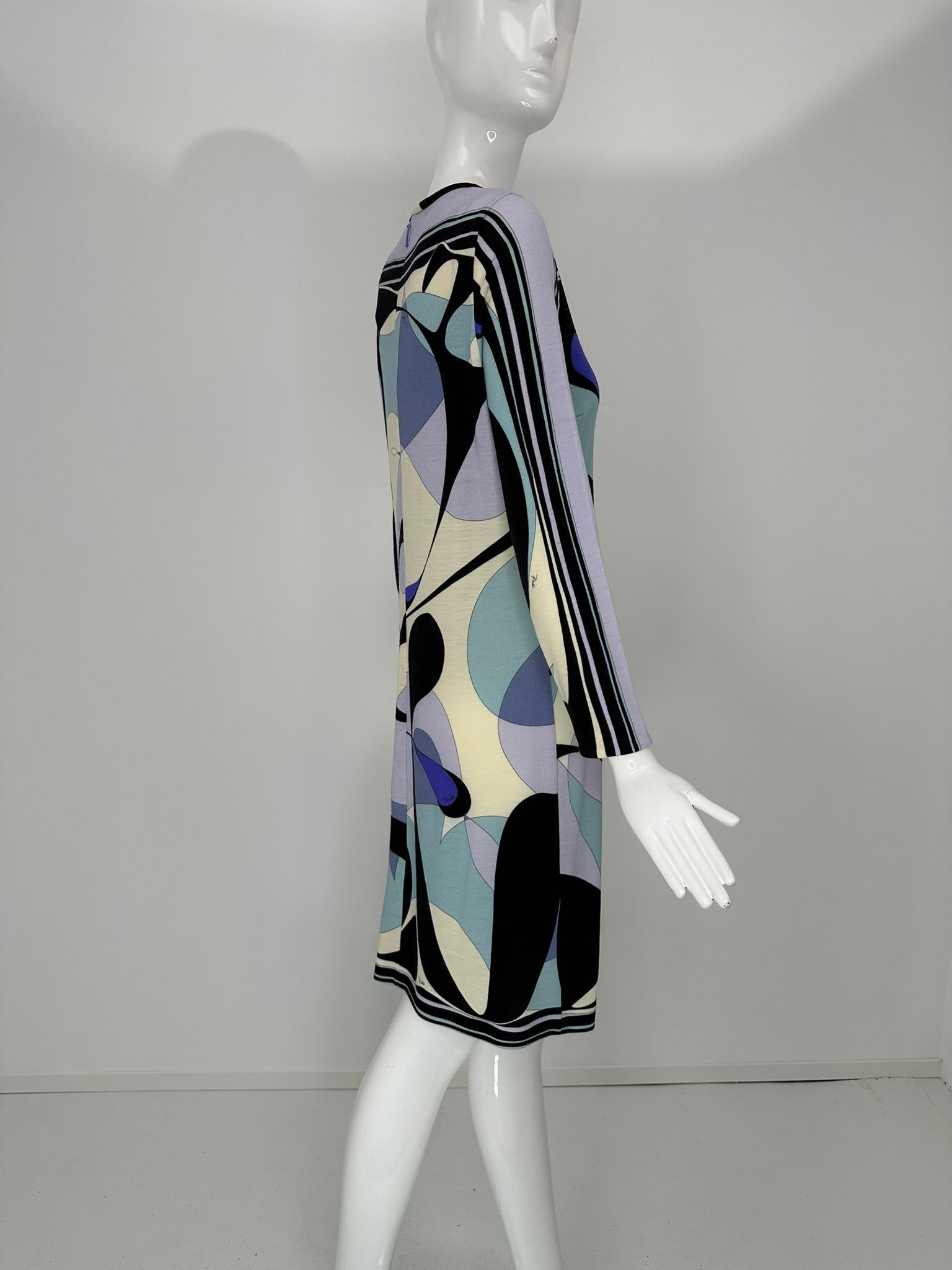 Robe à manches longues et col rond en jersey de laine légère au design géométrique Pucci, 40 Pour femmes en vente