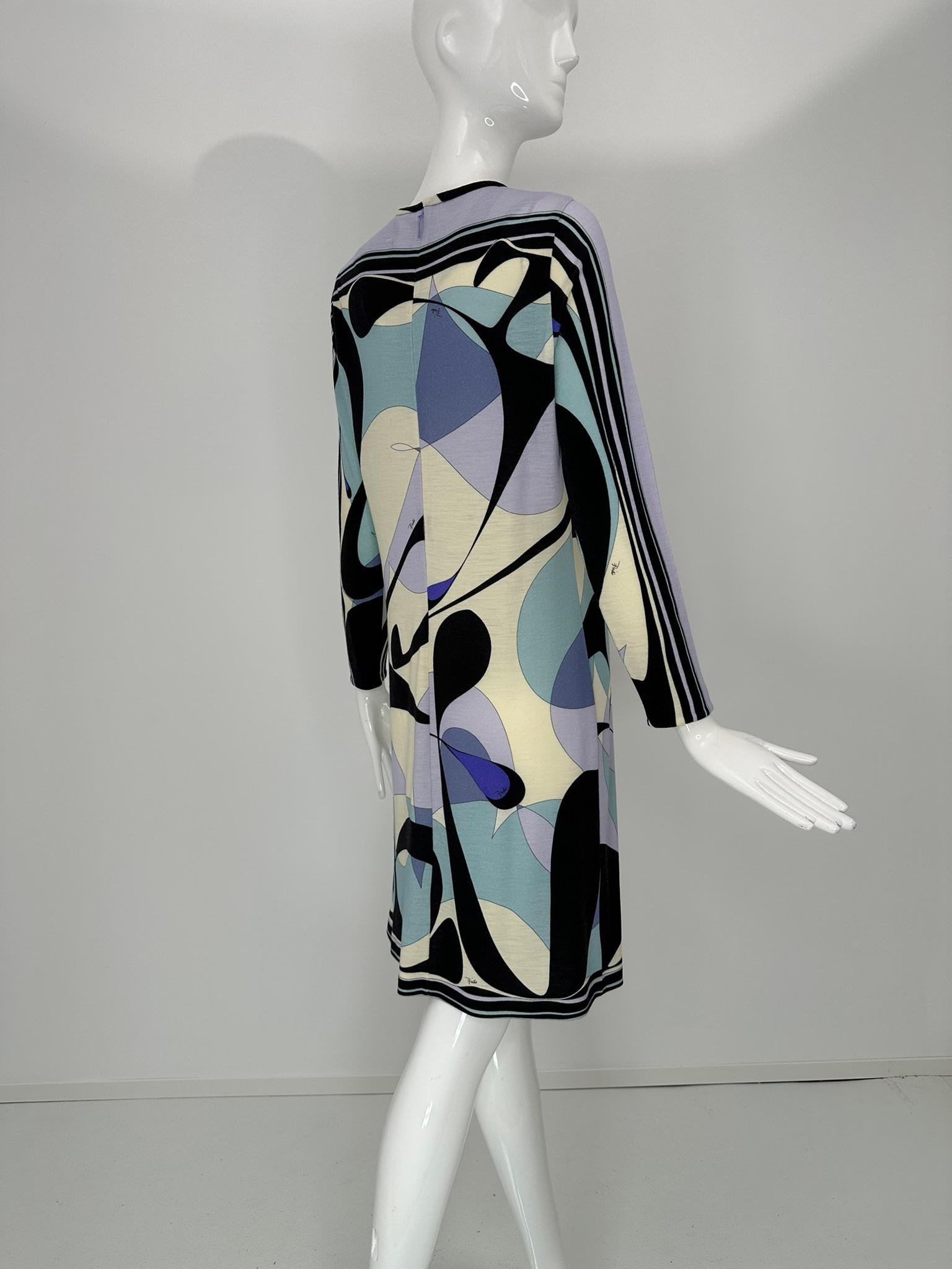 Robe à manches longues et col rond en jersey de laine légère au design géométrique Pucci, 40 en vente 1