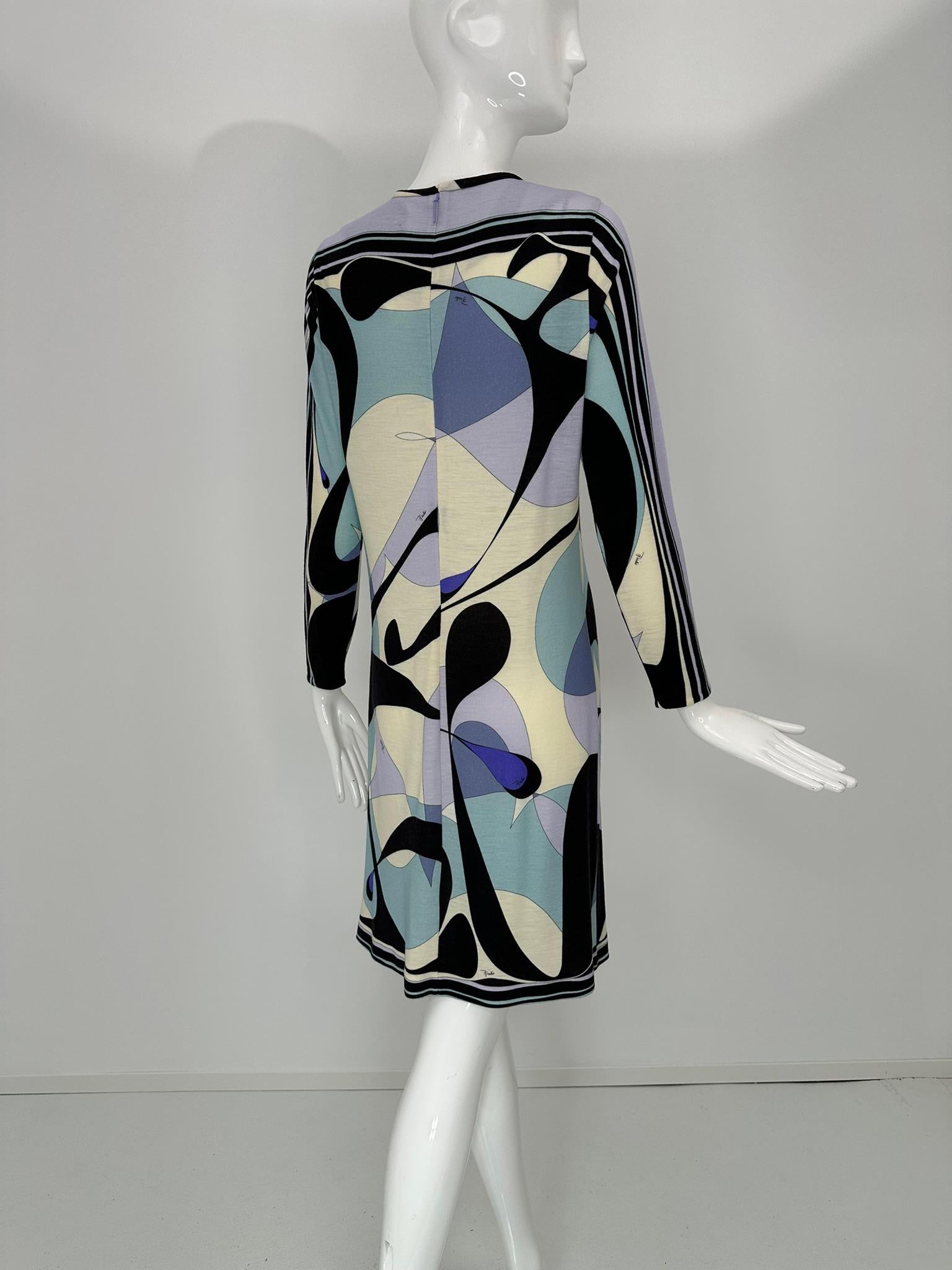 Robe à manches longues et col rond en jersey de laine légère au design géométrique Pucci, 40 en vente 2