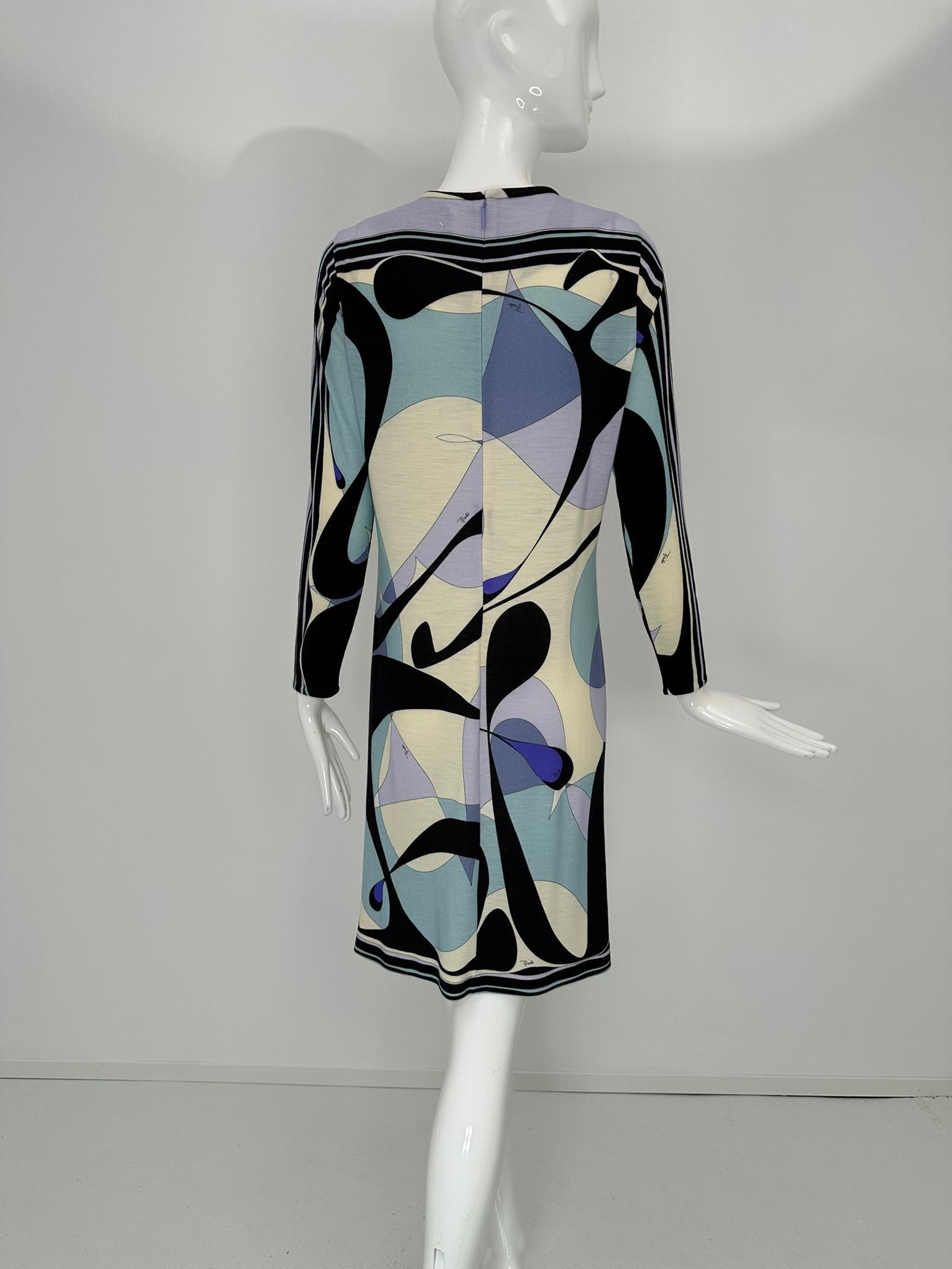Robe à manches longues et col rond en jersey de laine légère au design géométrique Pucci, 40 en vente 3