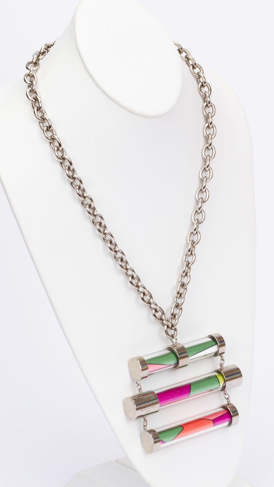 Pucci new silver necklace with lucite pendant with silk inlay. Pendant dimensions: 2.75