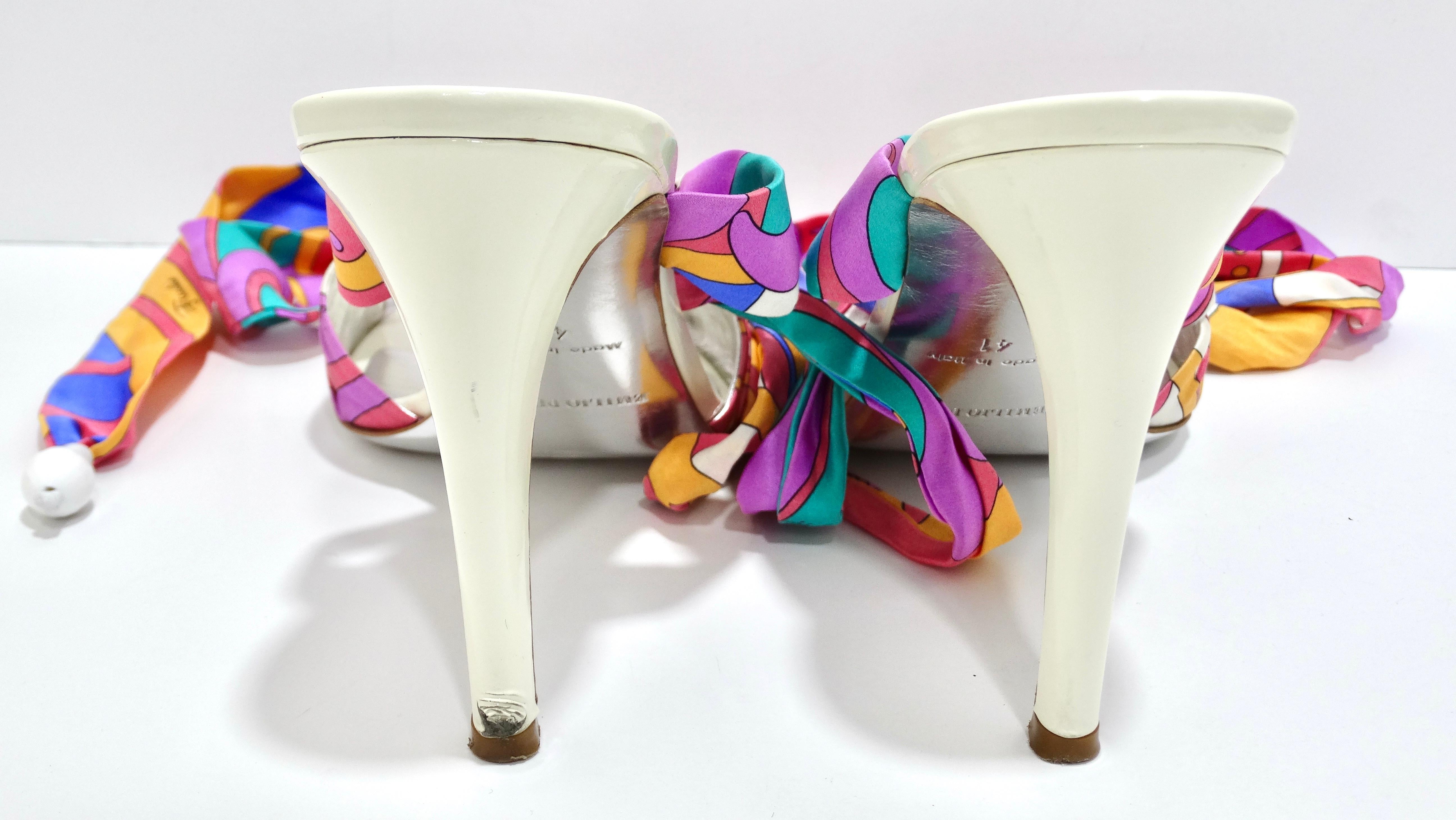 Beige Pucci Multi-Color Satin Tie Sandal Heels For Sale