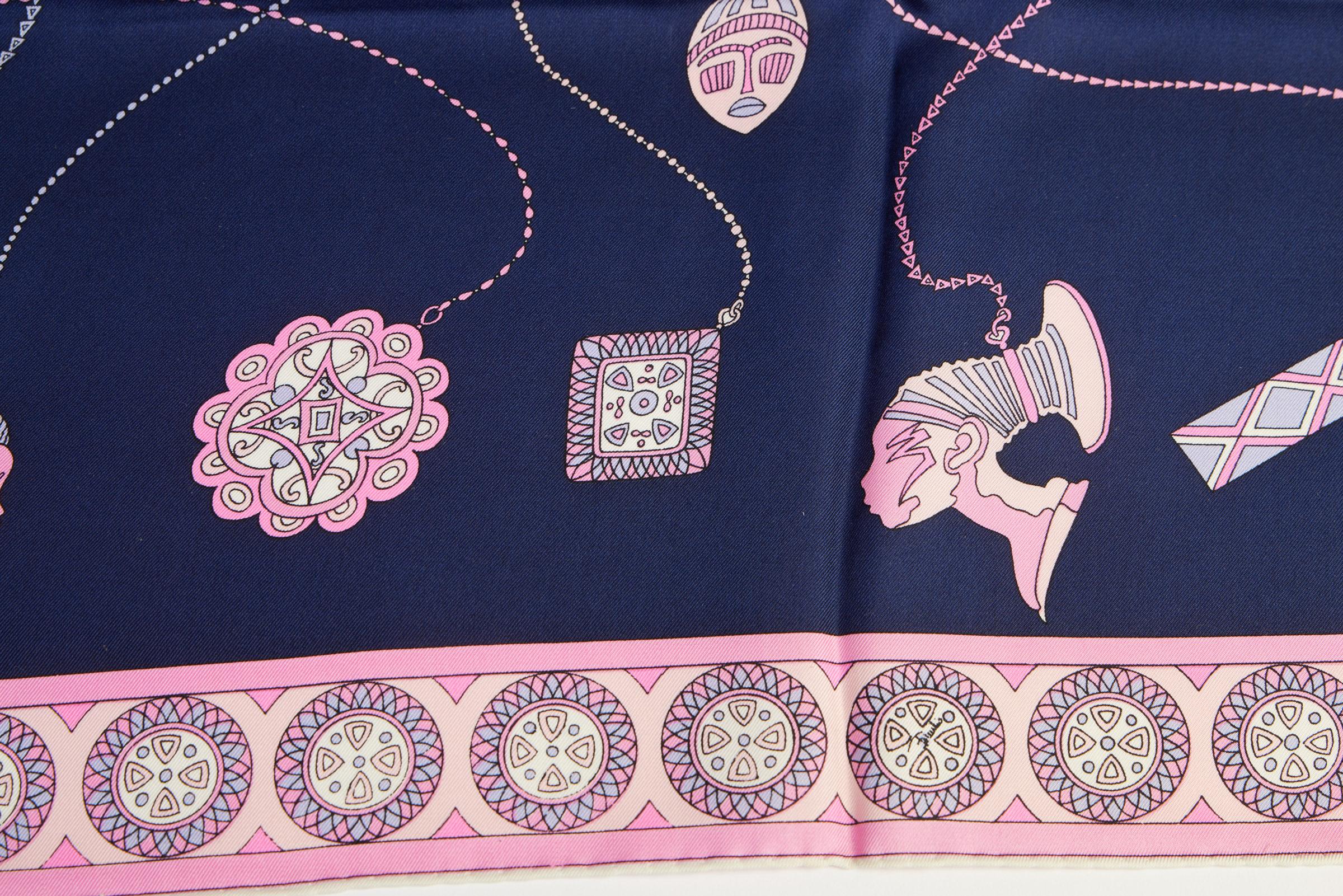 Echarpe vintage en soie Emilio Pucci Florence en bleu et rose. Bords roulés à la main.