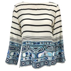 Pucci Off White Bateau Neck Black Striped Blue Border Print Silk Top